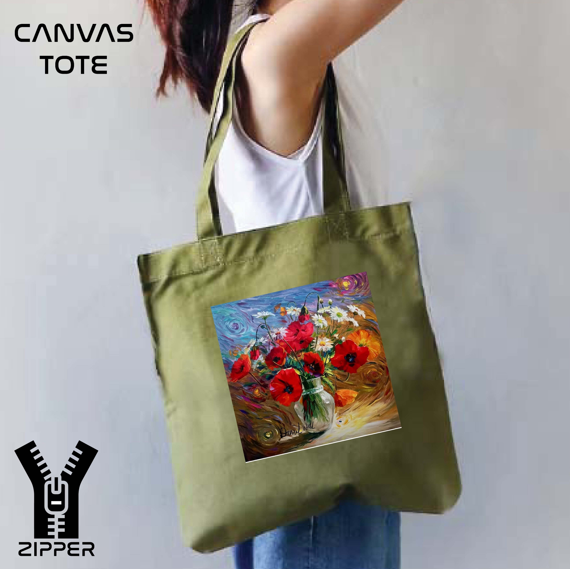 Picture of Canvas Tote Bag/Fashionable Top Handle Bag Olive Green Color with Zipper for girls For University/College/Trenndy Fashionable Women