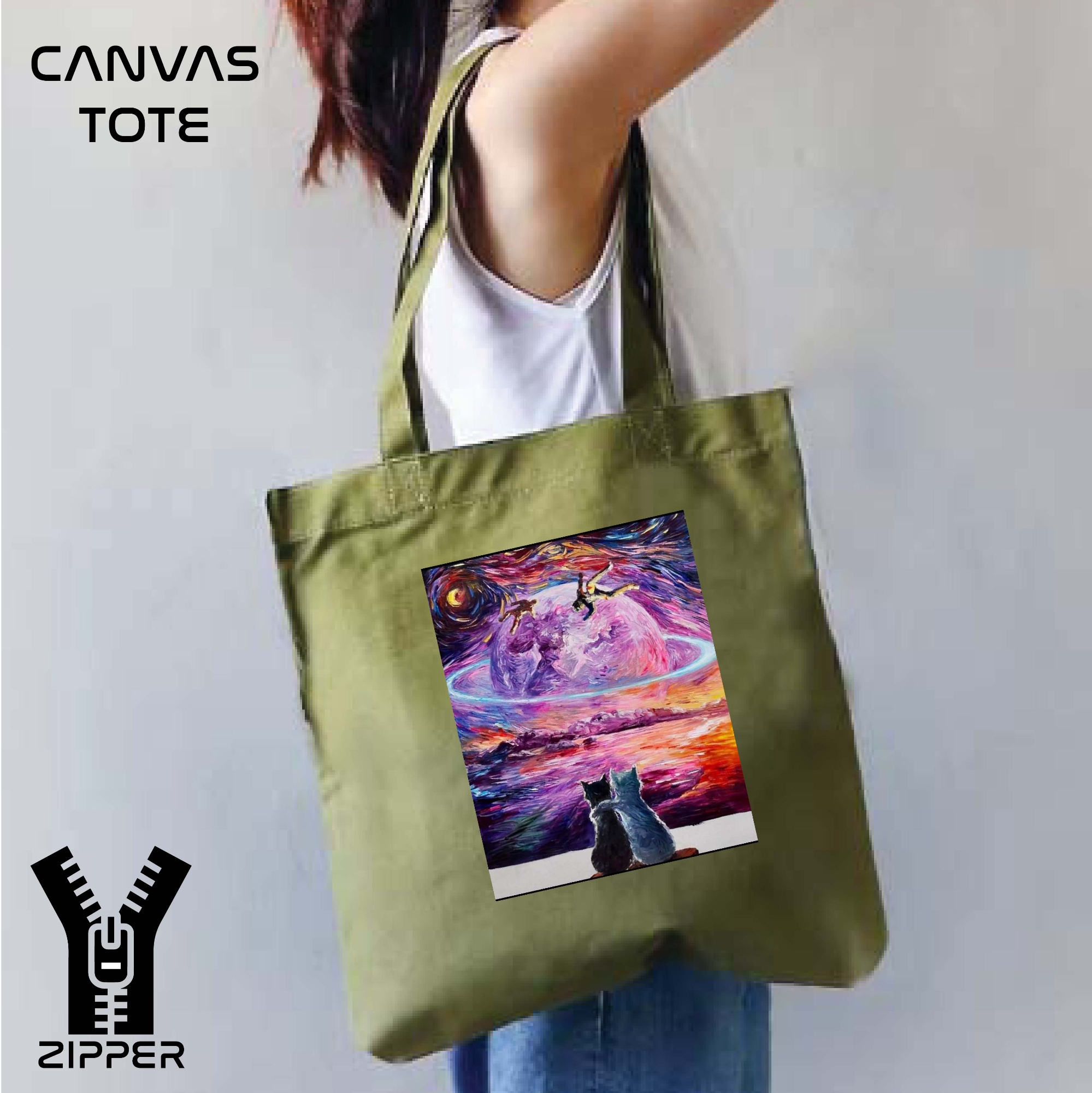 Picture of Canvas Tote Bag/Fashionable Top Handle Bag Olive Green Color with Zipper for girls For University/College/Trenndy Fashionable Women