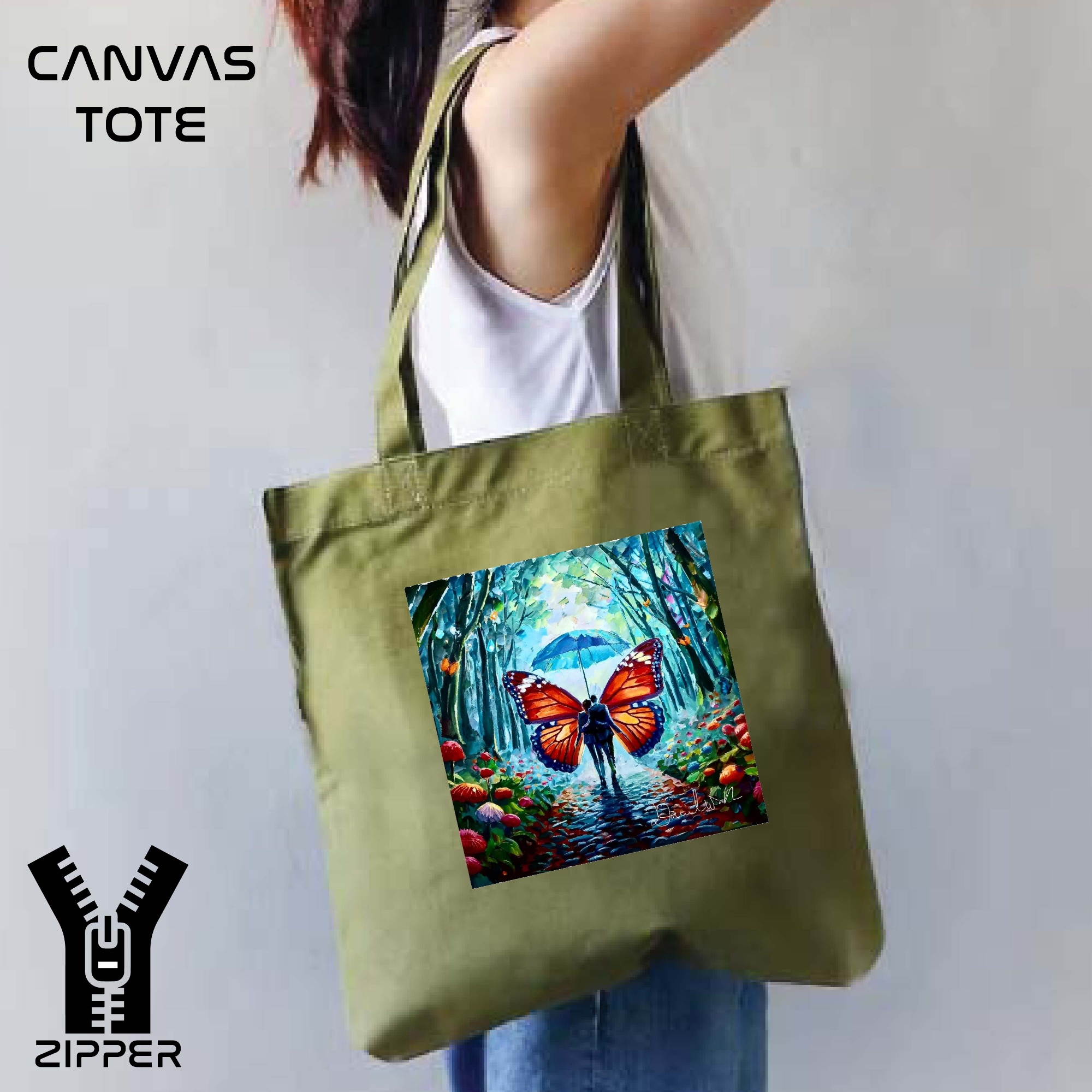 Picture of Canvas Tote Bag/Fashionable Top Handle Bag Olive Green Color with Zipper for girls For University/College/Trenndy Fashionable Women