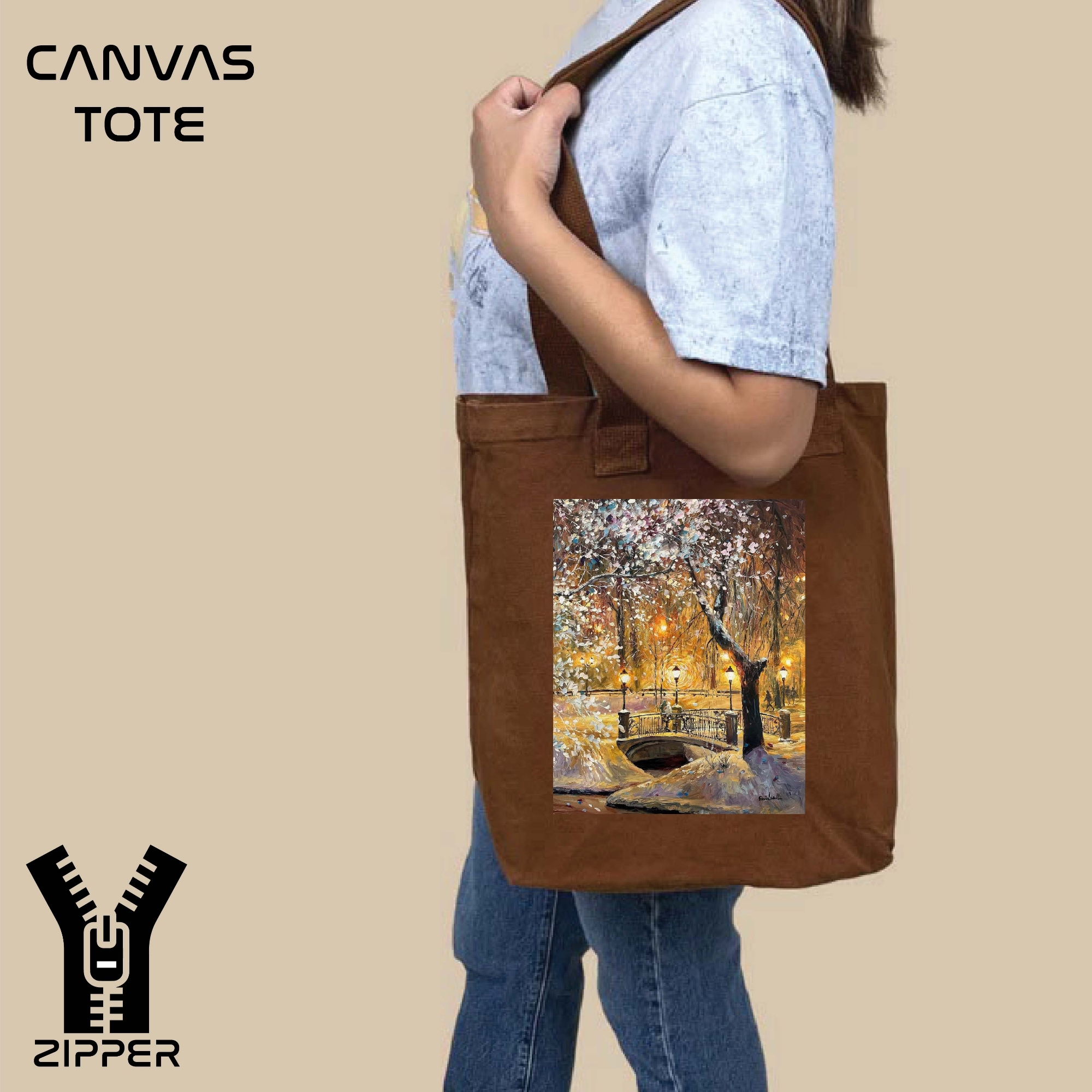 Picture of Canvas Tote Bag/Fashionable Top Handle Bag Brown Color with Zipper for girls For University/College/Trendy Fashionable Women