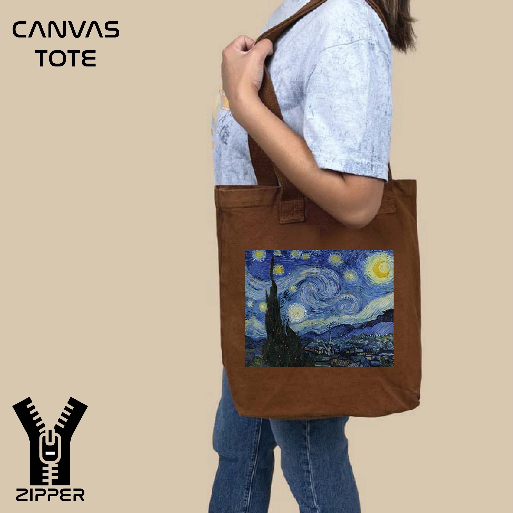 Picture of Canvas Tote Bag/Fashionable Top Handle Bag Brown Color with Zipper for girls For University/College/Trendy Fashionable Women