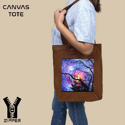 Picture of Canvas Tote Bag/Fashionable Top Handle Bag Brown Color with Zipper for girls For University/College/Trendy Fashionable Women
