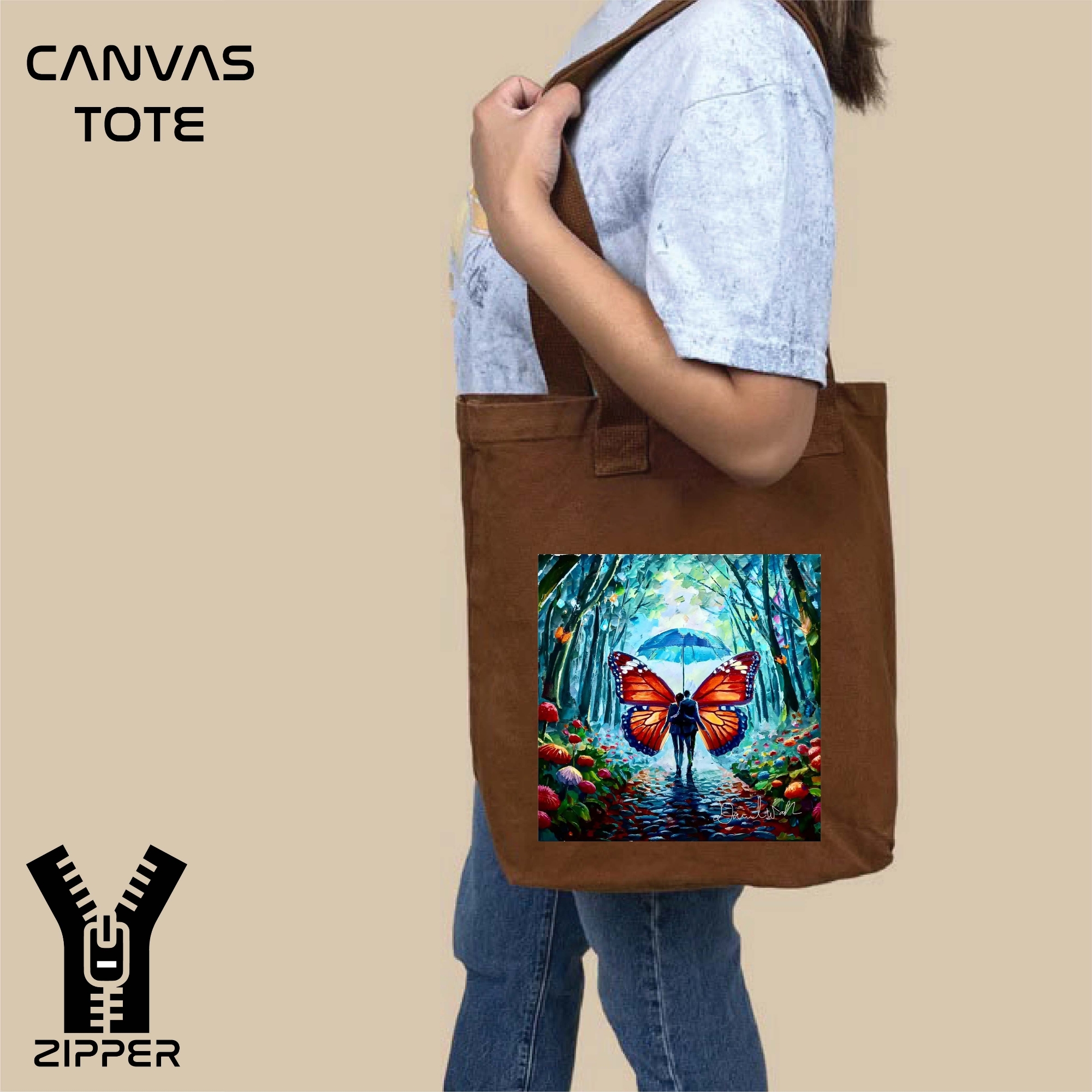 Picture of Canvas Tote Bag/Fashionable Top Handle Bag Brown Color with Zipper for girls For University/College/Trendy Fashionable Women