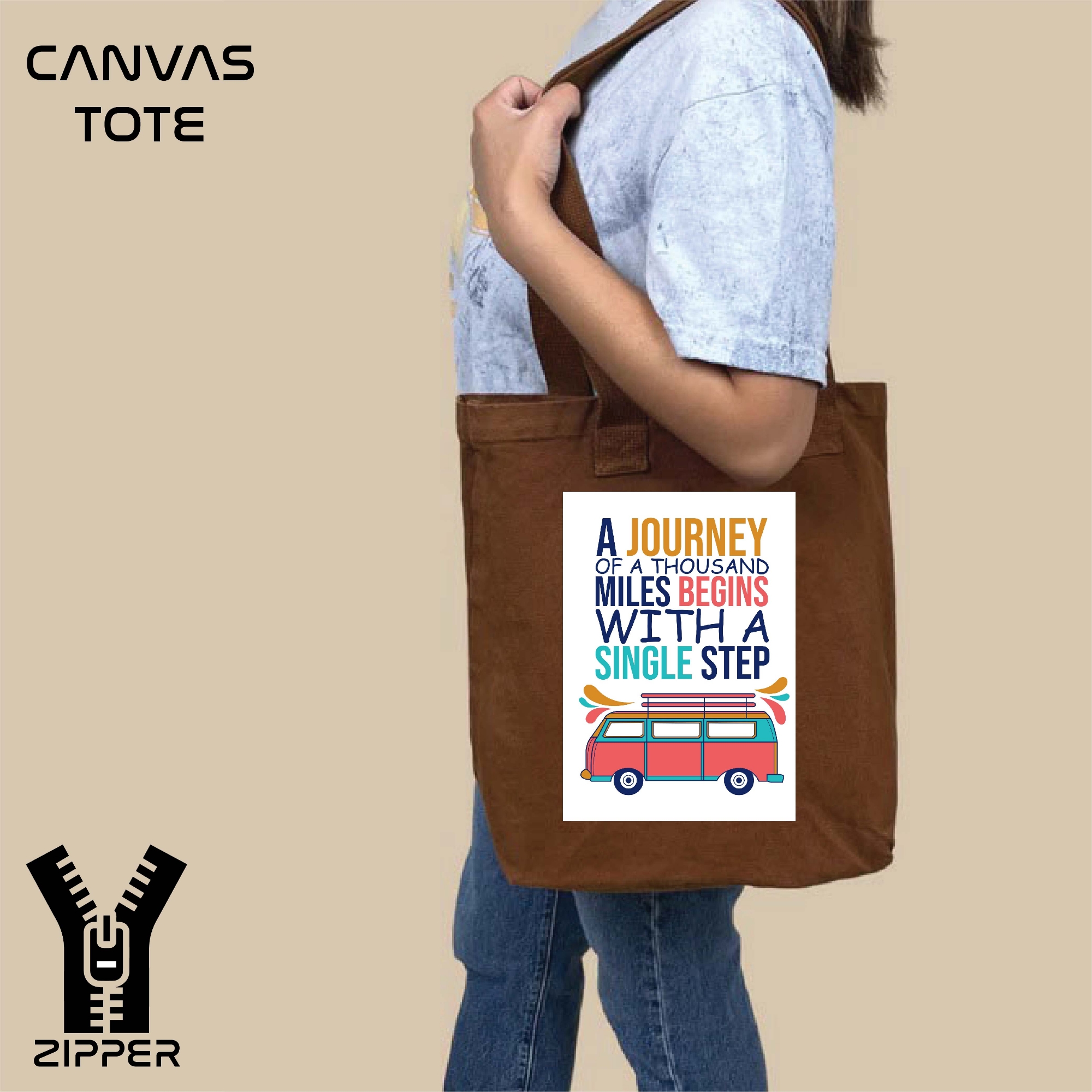 Picture of Canvas Tote Bag/Fashionable Top Handle Bag Brown Color with Zipper for girls For University/College/Trendy Fashionable Women