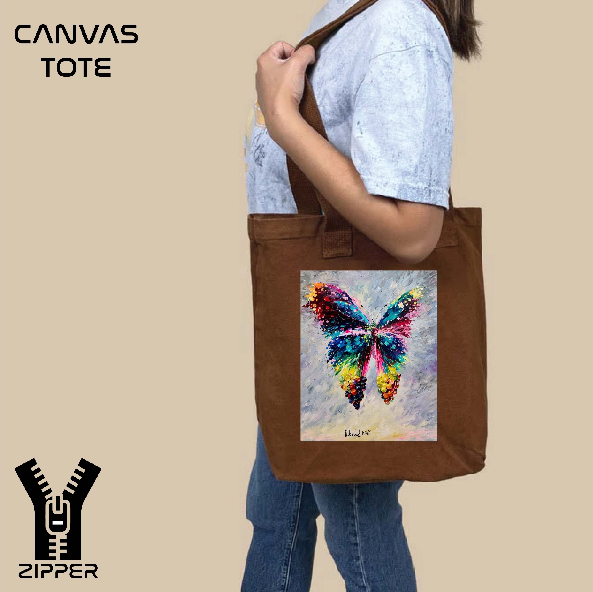 Picture of Canvas Tote Bag/Fashionable Top Handle Bag Brown Color with Zipper for girls For University/College/Trendy Fashionable Women