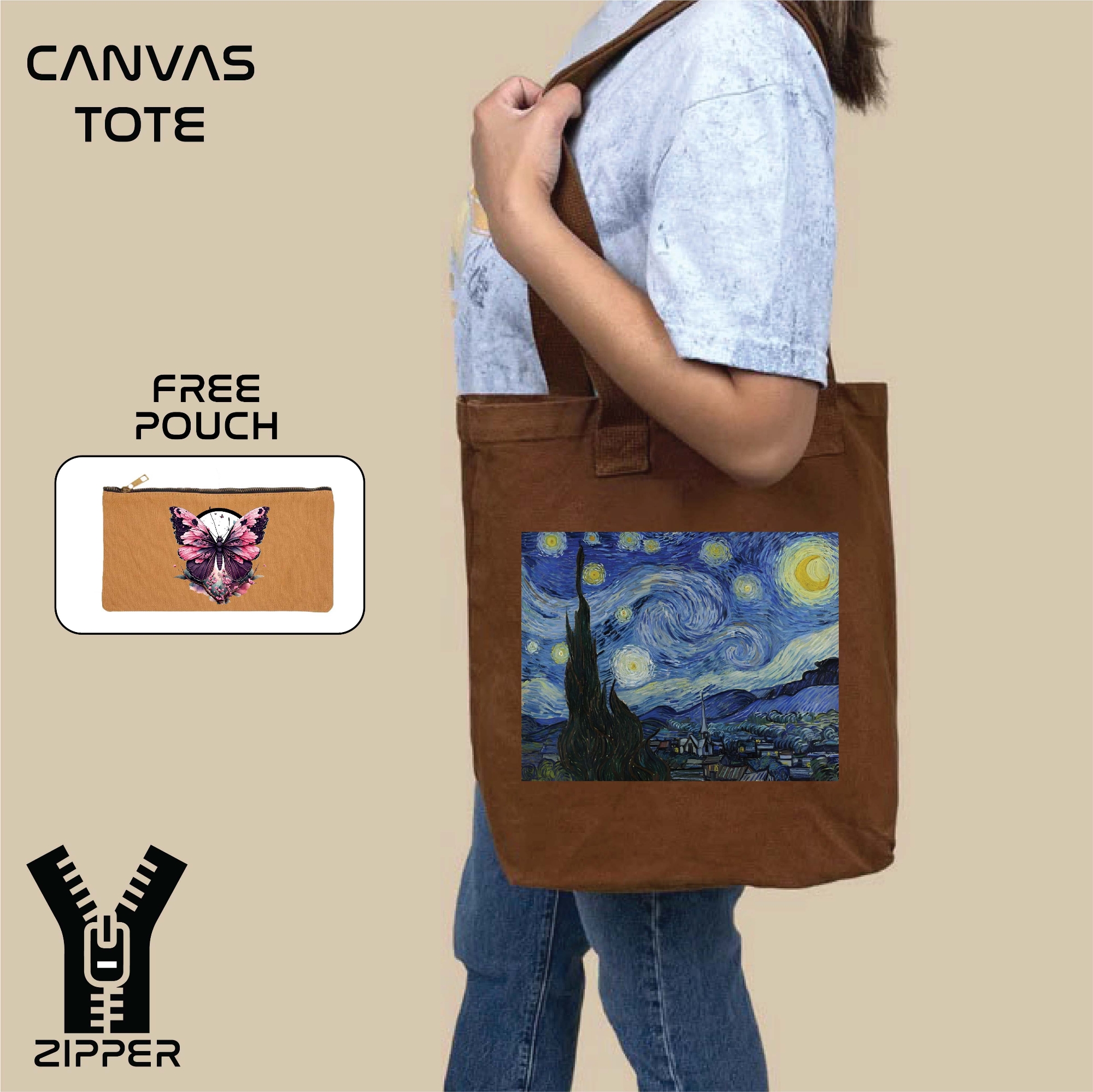 Picture of Canvas Tote Bag/Fashionable Top Handle Bag Brown Color with Zipper for girls For University/College/Trendy Fashionable Women