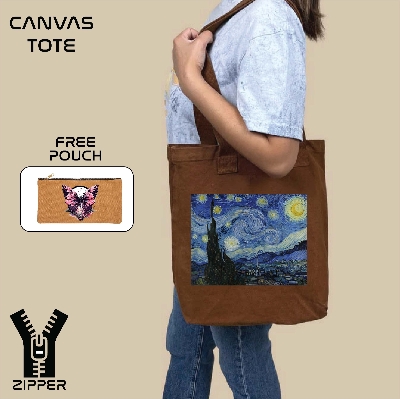 Picture of Canvas Tote Bag/Fashionable Top Handle Bag Brown Color with Zipper for girls For University/College/Trendy Fashionable Women