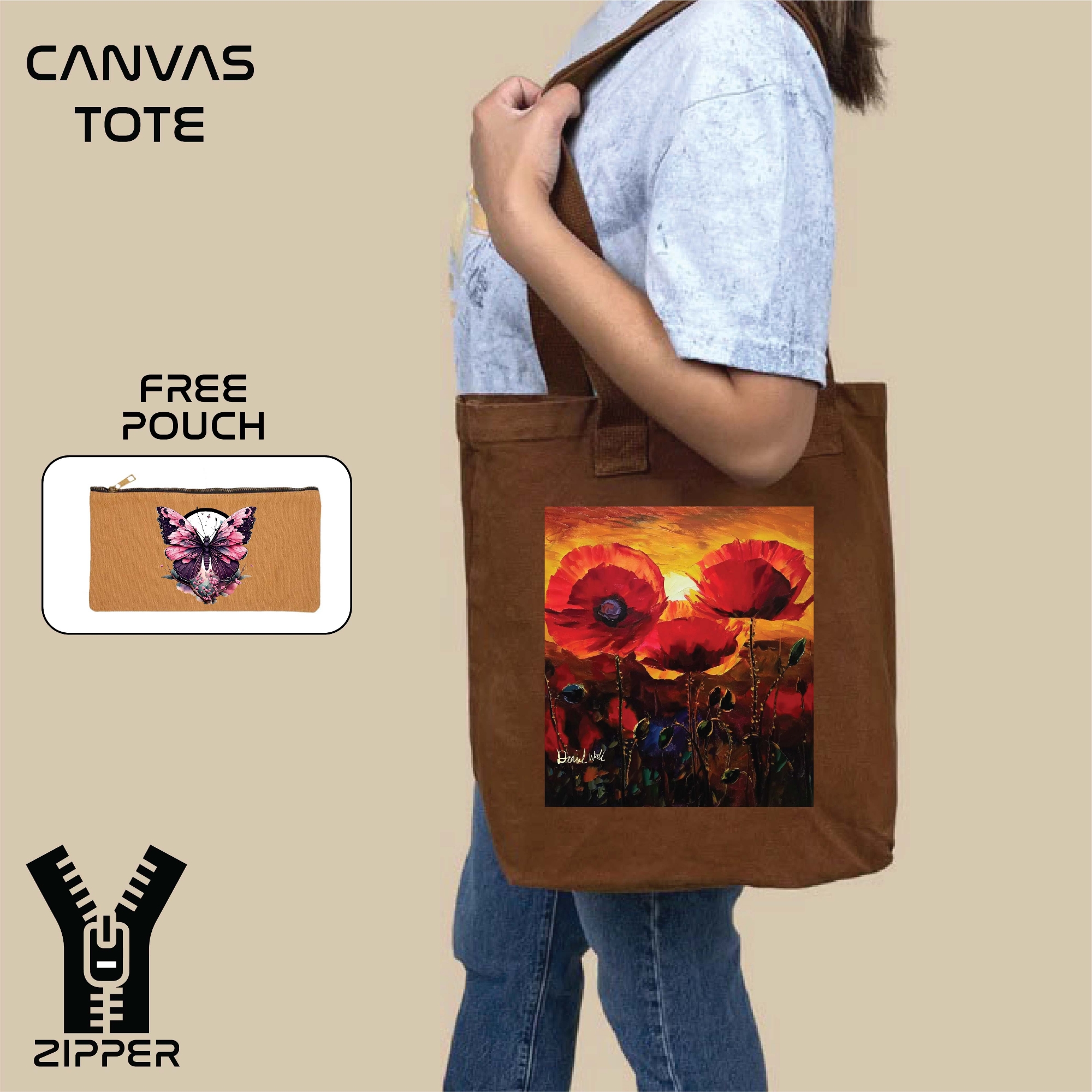 Picture of Canvas Tote Bag/Fashionable Top Handle Bag Brown Color with Zipper for girls For University/College/Trendy Fashionable Women