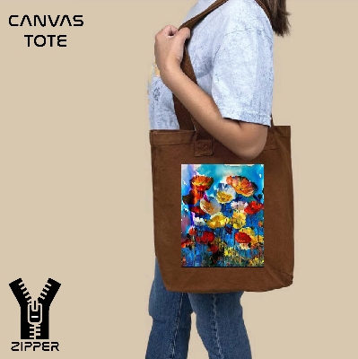 Picture of Canvas Tote Bag/Fashionable Top Handle Bag Brown Color with Zipper for girls For University/College/Trendy Fashionable Women