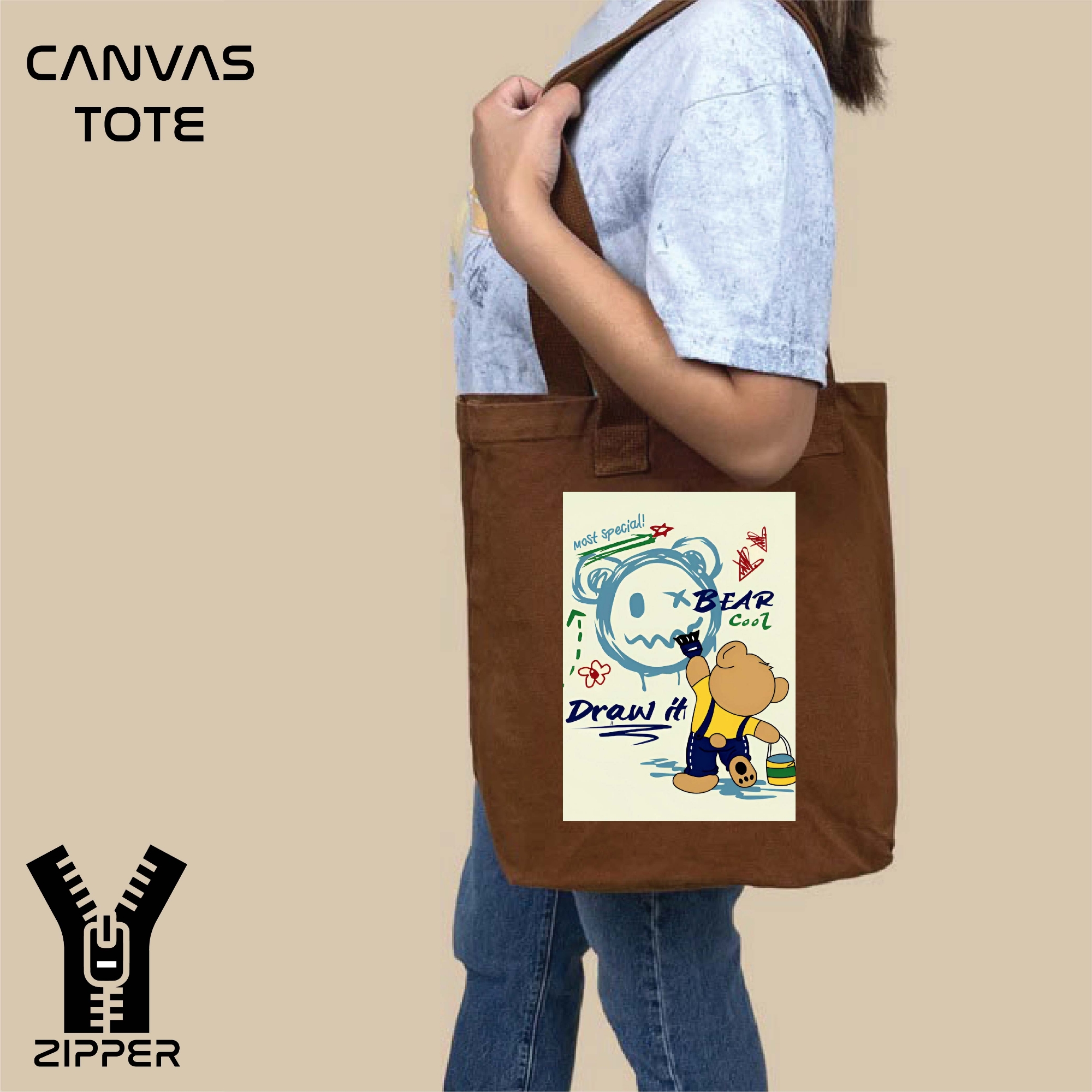 Picture of Canvas Tote Bag/Fashionable Top Handle Bag Brown Color with Zipper for girls For University/College/Trendy Fashionable Women