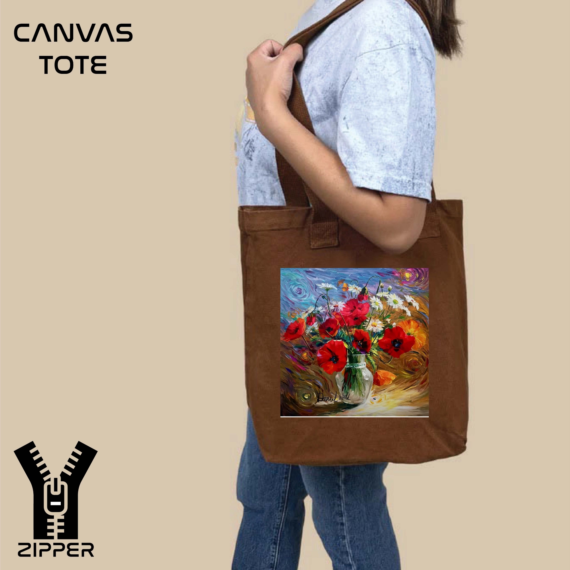 Picture of Canvas Tote Bag/Fashionable Top Handle Bag Brown Color with Zipper for girls For University/College/Trendy Fashionable Women