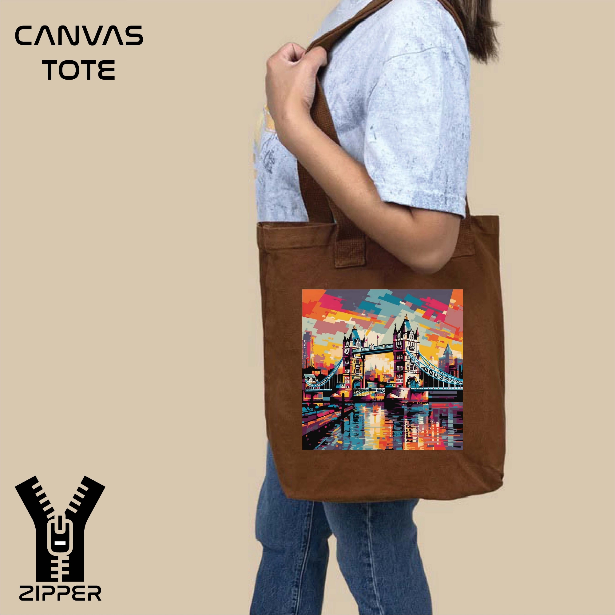 Picture of Canvas Tote Bag/Fashionable Top Handle Bag Brown Color with Zipper for girls For University/College/Trendy Fashionable Women