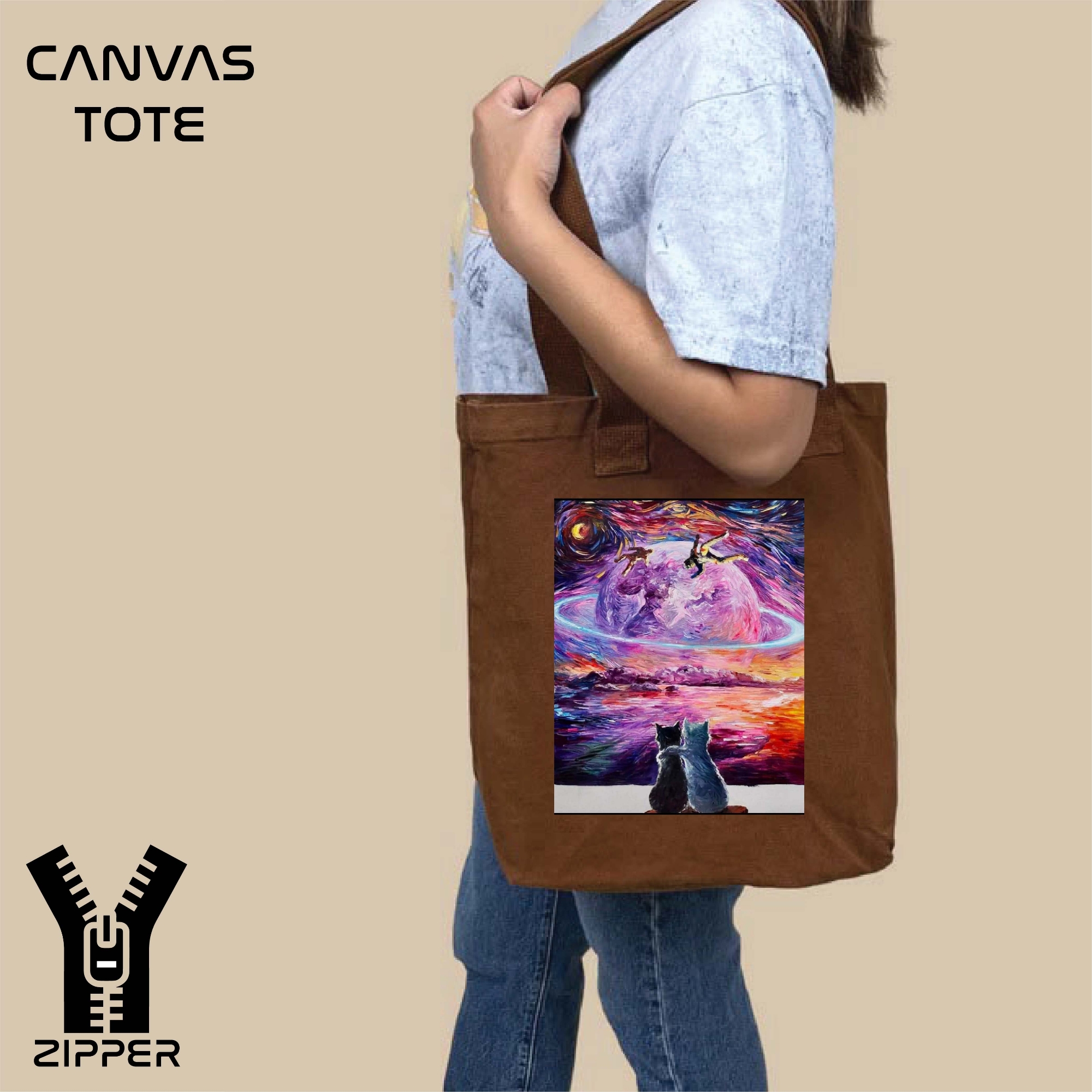 Picture of Canvas Tote Bag/Fashionable Top Handle Bag Brown Color with Zipper for girls For University/College/Trendy Fashionable Women
