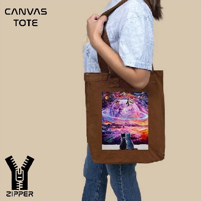 Picture of Canvas Tote Bag/Fashionable Top Handle Bag Brown Color with Zipper for girls For University/College/Trendy Fashionable Women