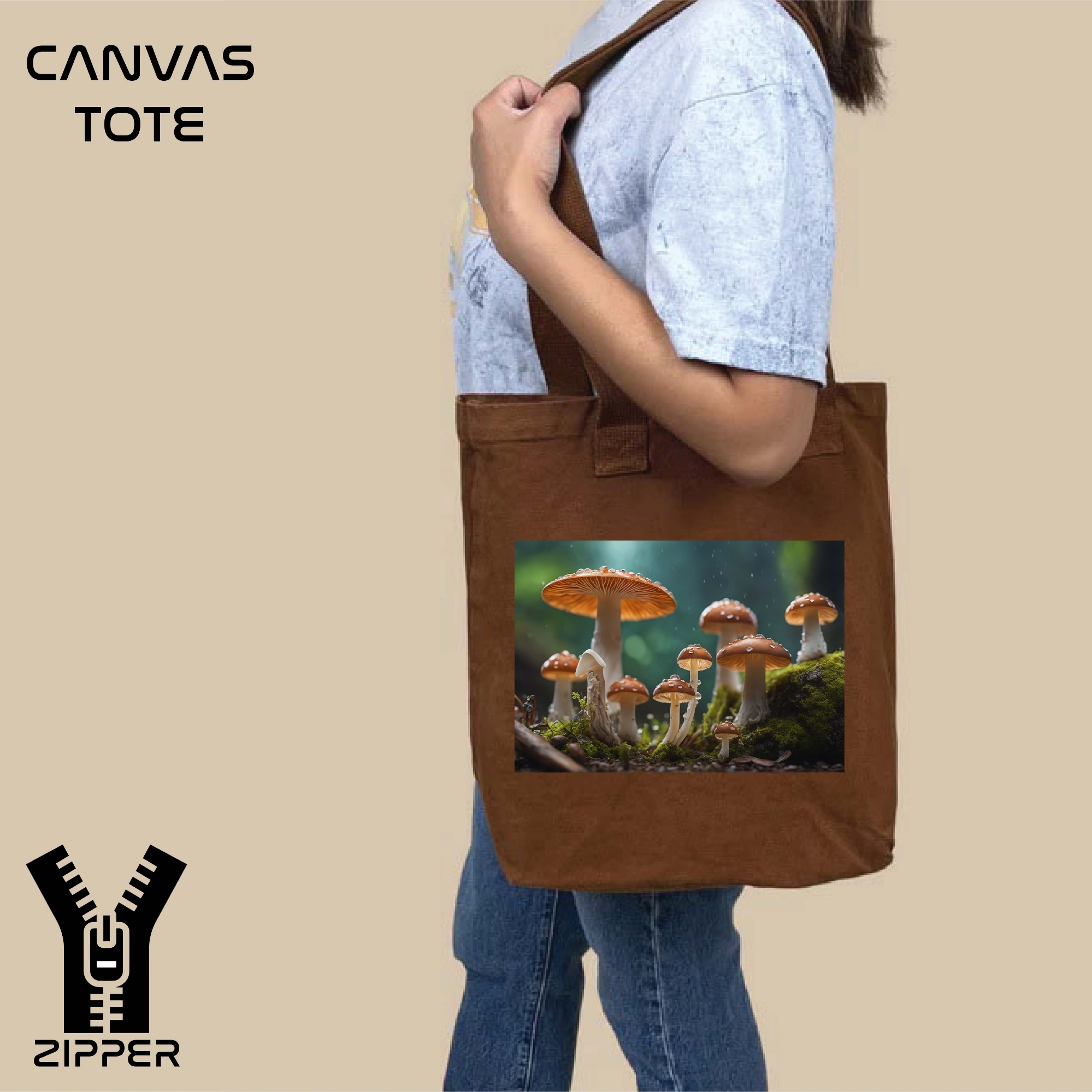 Picture of Canvas Tote Bag/Fashionable Top Handle Bag Brown Color with Zipper for girls For University/College/Trendy Fashionable Women