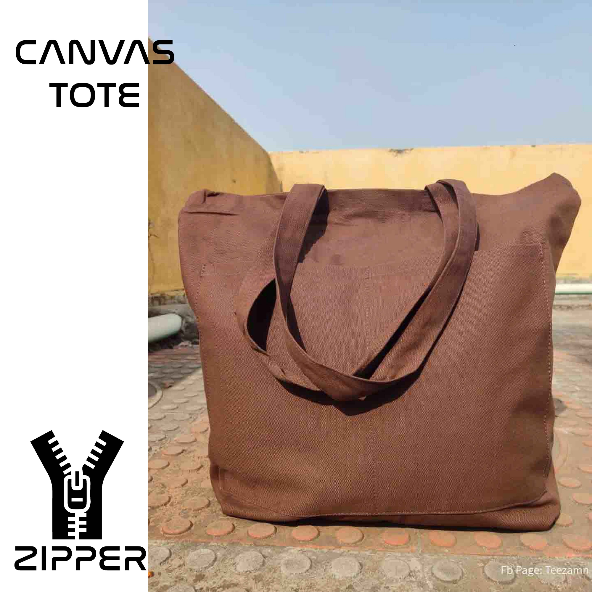 Picture of Canvas Tote Bag with Zipper and Outside Big Pockets Dark Brown Color  for Trendy fashionable Girls/Stylish Canvas Tote Bag for Women