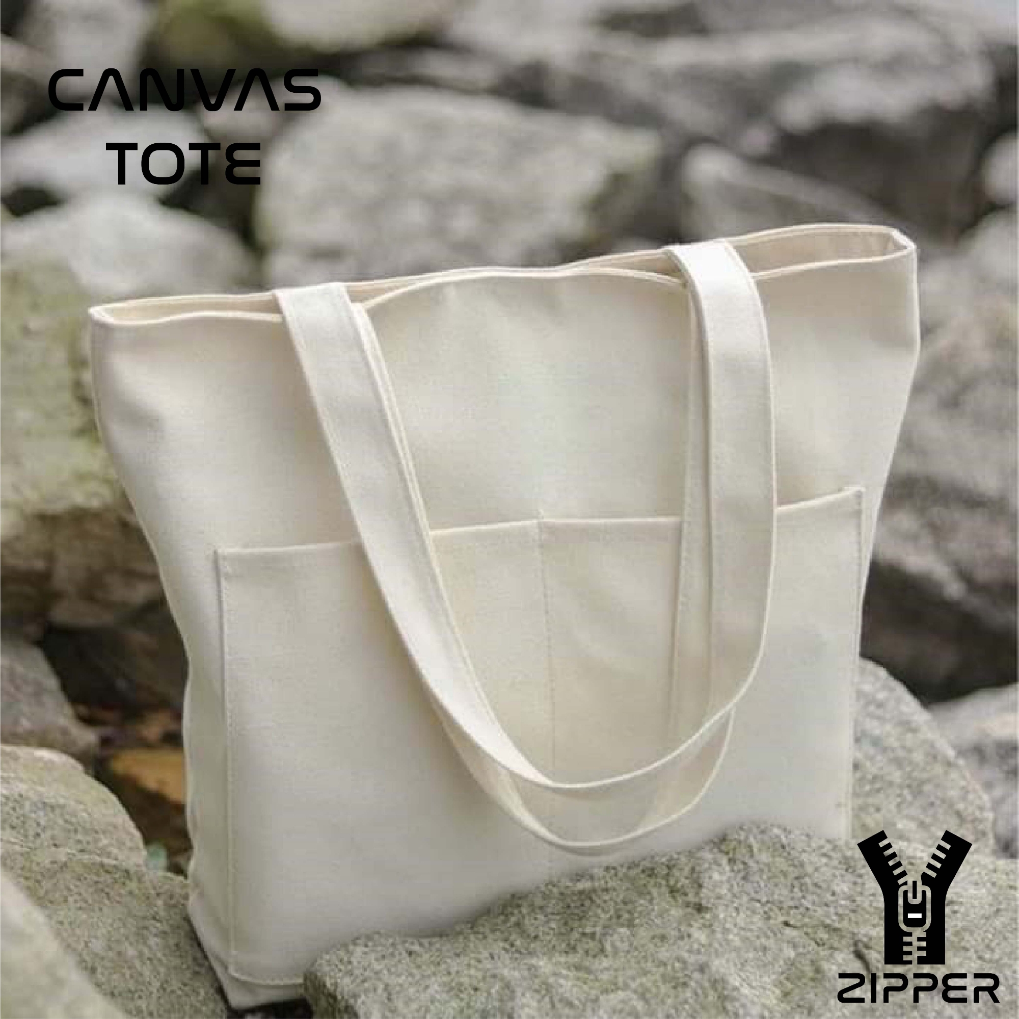 Picture of Canvas Tote Bag with Zipper and Outside Big Pockets Off White Color for Trendy fashionable Girls/Stylish Canvas Tote Bag for Women