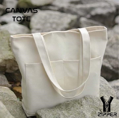 Picture of Canvas Tote Bag with Zipper and Outside Big Pockets Off White Color for Trendy fashionable Girls/Stylish Canvas Tote Bag for Women