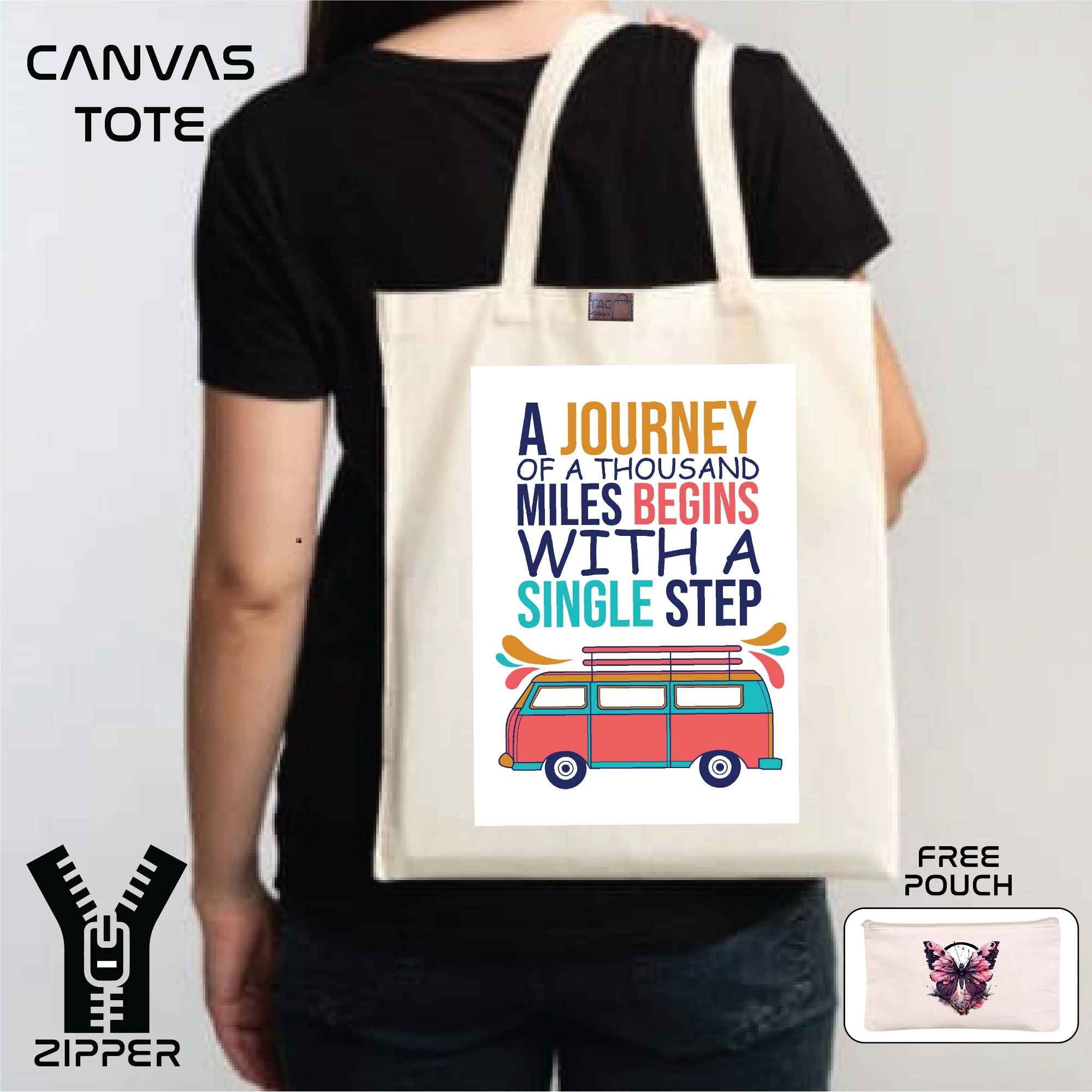 Picture of Canvas Tote Bag/Fashionable Top Handle Bag with  Free Pouch  and Zipper for girls For University/College/Trendy Fashionable Women (2in1)