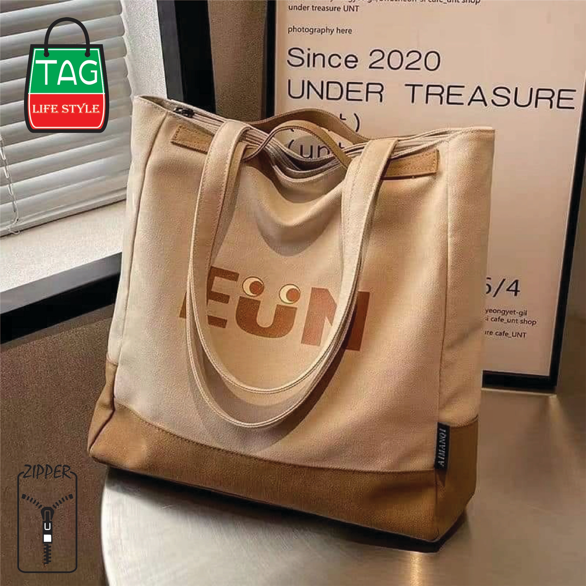 Picture of TAG Lifestyle Canvas Tote Bag/Fashionable Top Handle Bag Black Color with Zipper for girls For University/College/Trendy Fashionable Women