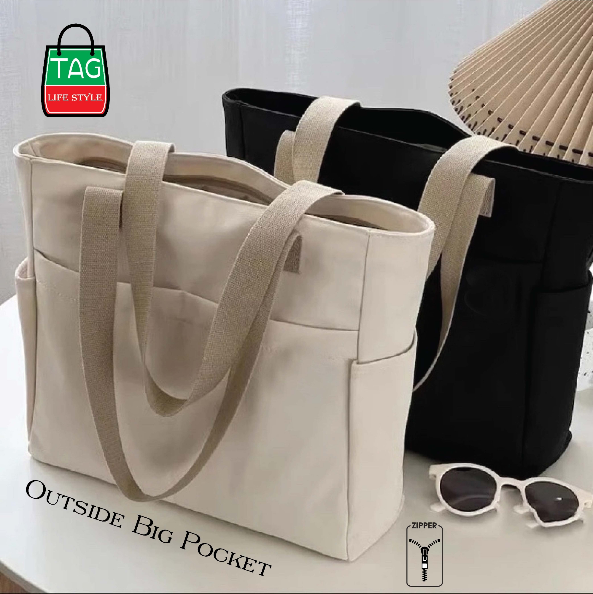 Picture of TAG Lifestyle Canvas Tote Bag/Fashionable Top Handle Black Color With 4 Outside Pockets for girls For University/College/Trendy Fashionable Women