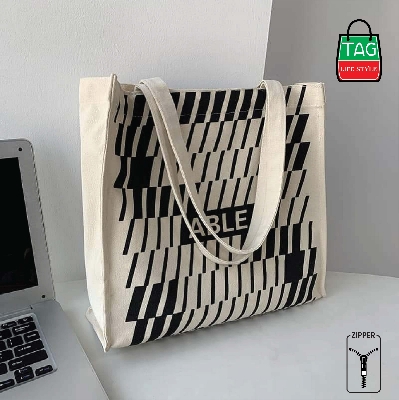 Picture of TAG Lifestyle Canvas Tote Bag/Fashionable Top Handle Off White Color Zebra Design With Zipper for girls For University/College/Trendy Fashionable Women