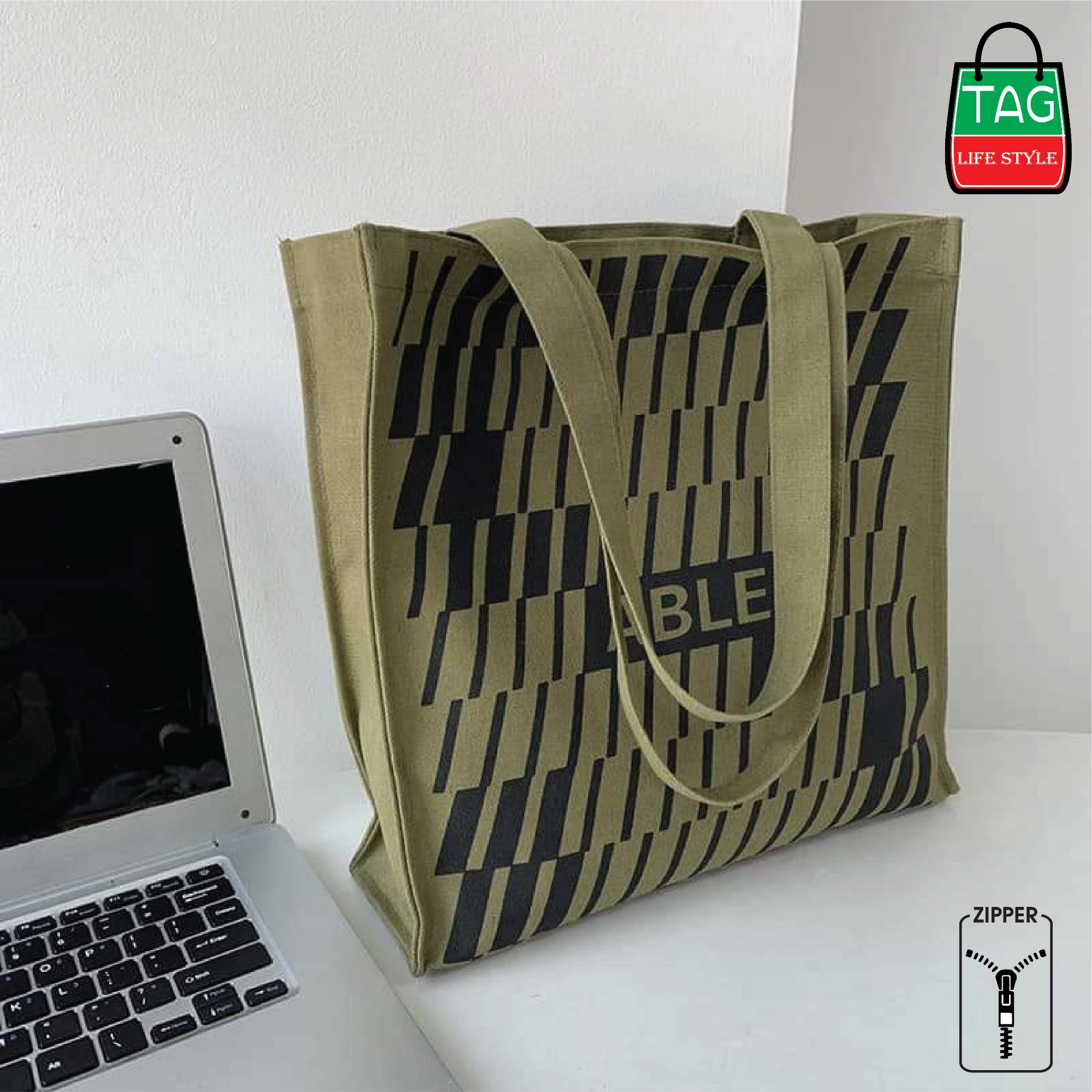 Picture of TAG Lifestyle Canvas Tote Bag/Fashionable Top Handle Off White Color Zebra Design With Zipper for girls For University/College/Trendy Fashionable Women