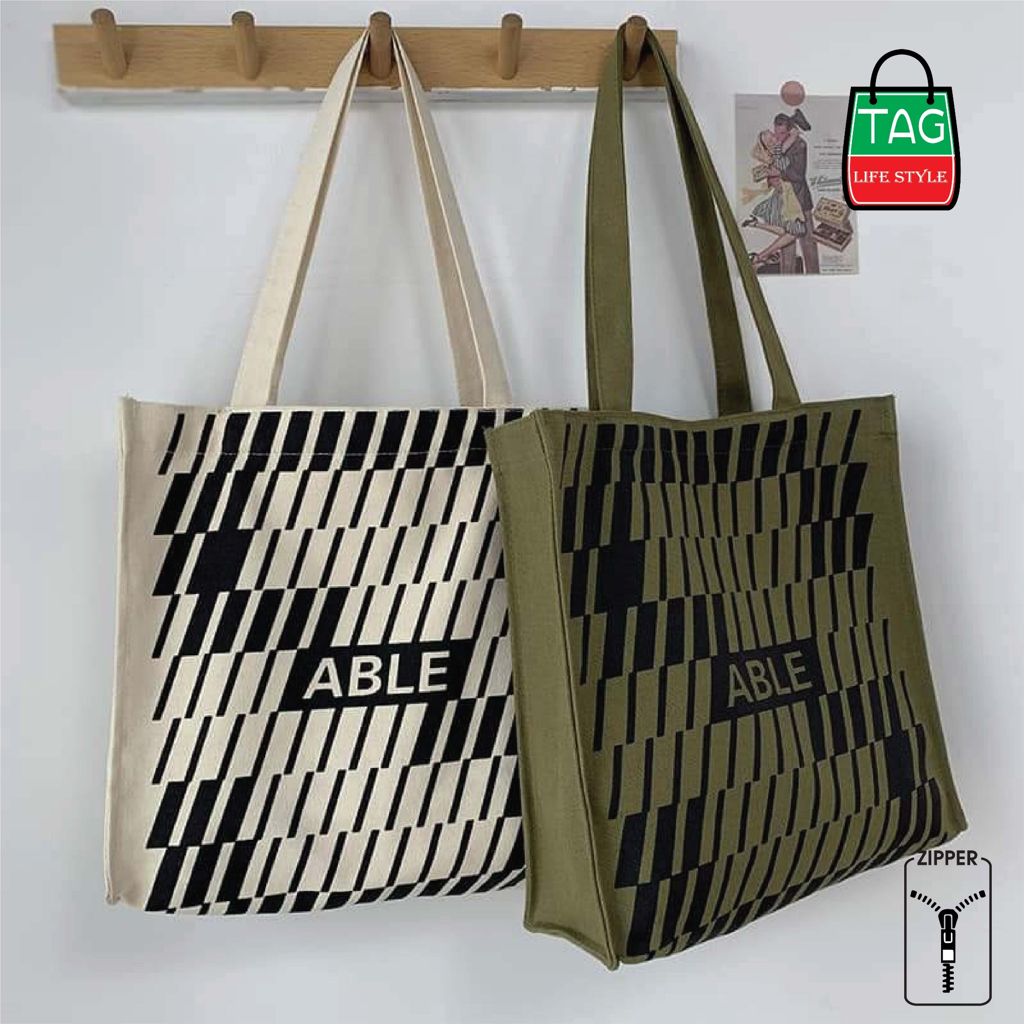 Picture of TAG Lifestyle Canvas Tote Bag/Fashionable Top Handle Olive Green Color Zebra Design With Zipper for girls For University/College/Trendy Fashionable Women
