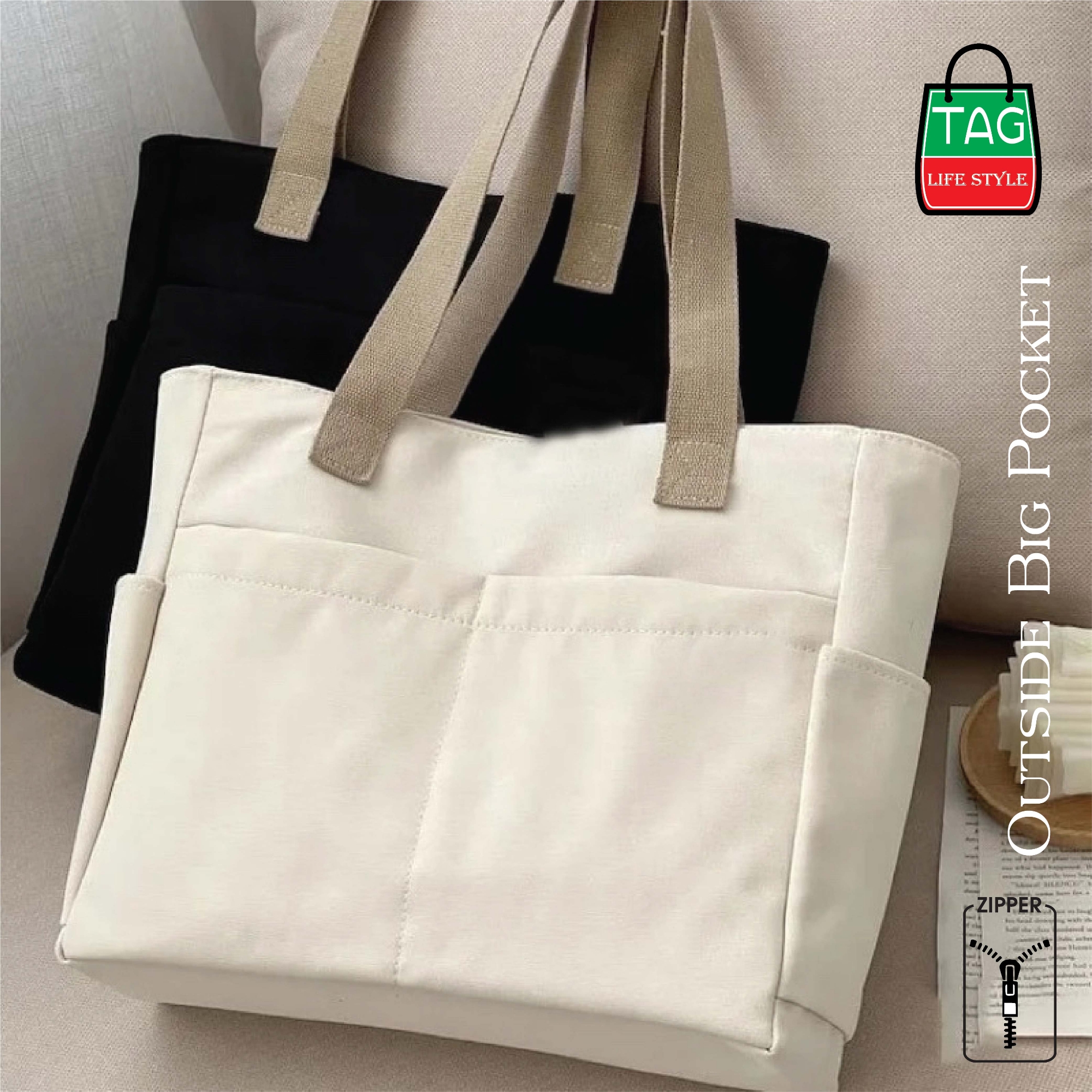 Picture of TAG Lifestyle Canvas Tote Bag/Fashionable Top Handle Off White Color With 4 Outside Pockets for girls For University/College/Trendy Fashionable Women