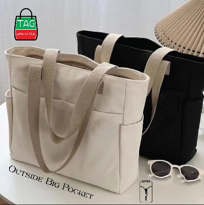 Picture of TAG Lifestyle Canvas Tote Bag/Fashionable Top Handle Off White Color With 4 Outside Pockets for girls For University/College/Trendy Fashionable Women