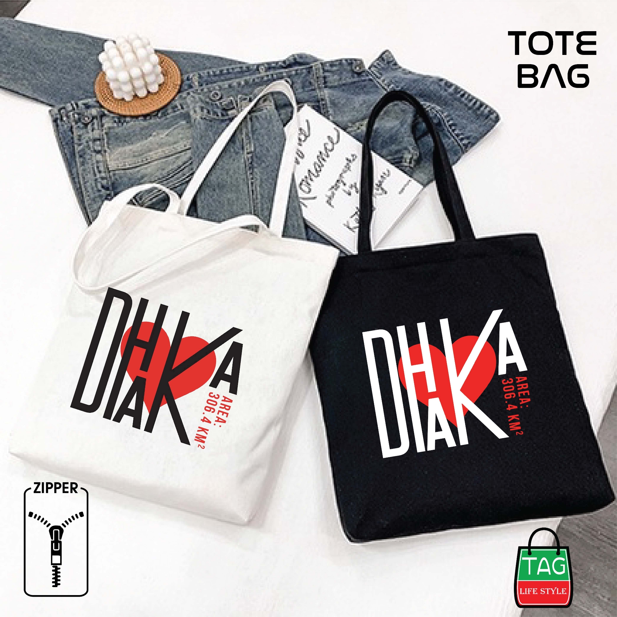 Picture of TAG Lifestyle Canvas Tote Bag/Fashionable Top Handle Off White Color With Zipper for girls For University/College/Trendy Fashionable Women