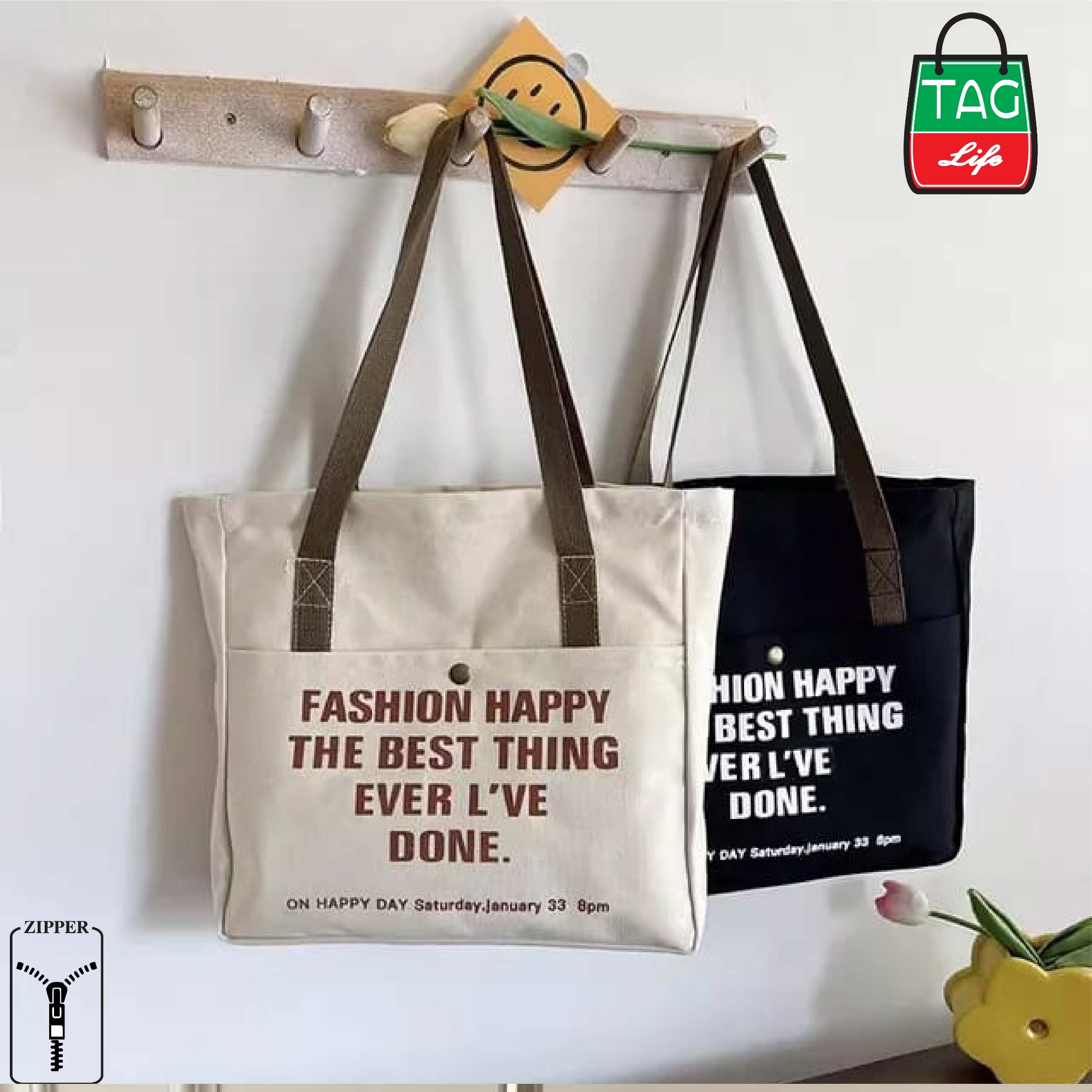 Picture of TAG Lifestyle Canvas Tote Bag/Fashionable Top Handle Black Color With 2 Outside Pockets for girls For University/College/Trendy Fashionable Women