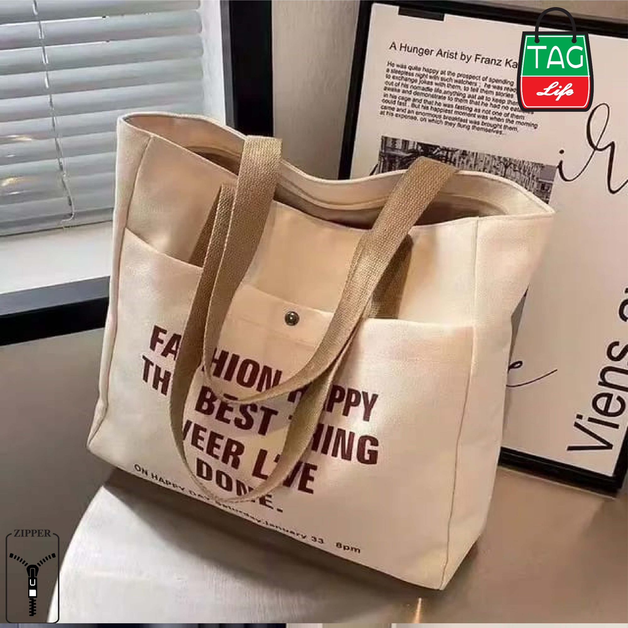 Picture of TAG Lifestyle Canvas Tote Bag/Fashionable Top Handle Black Color With 2 Outside Pockets for girls For University/College/Trendy Fashionable Women