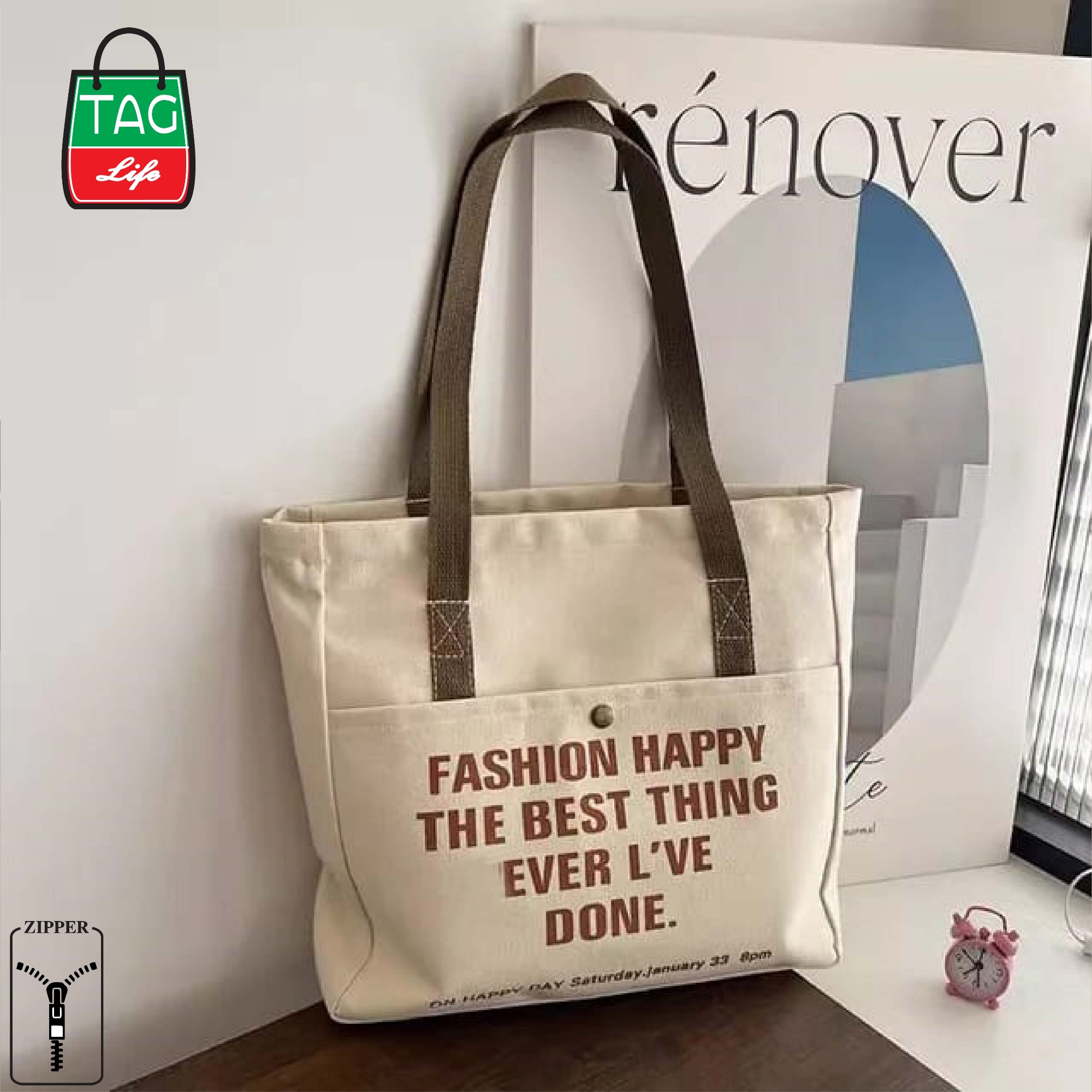 Picture of TAG Lifestyle Canvas Tote Bag/Fashionable Top Handle Black Color With 2 Outside Pockets for girls For University/College/Trendy Fashionable Women