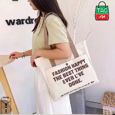 Picture of TAG Lifestyle Canvas Tote Bag/Exclusive Design Top Handle Off White Color With 2 Outside Pockets for girls For University/College/Trendy Fashionable Women