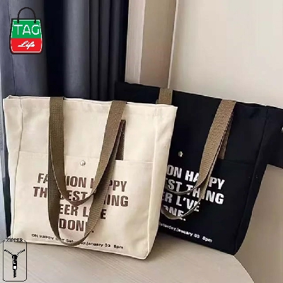 Picture of TAG Lifestyle Canvas Tote Bag/Exclusive Design Top Handle Off White Color With 2 Outside Pockets for girls For University/College/Trendy Fashionable Women