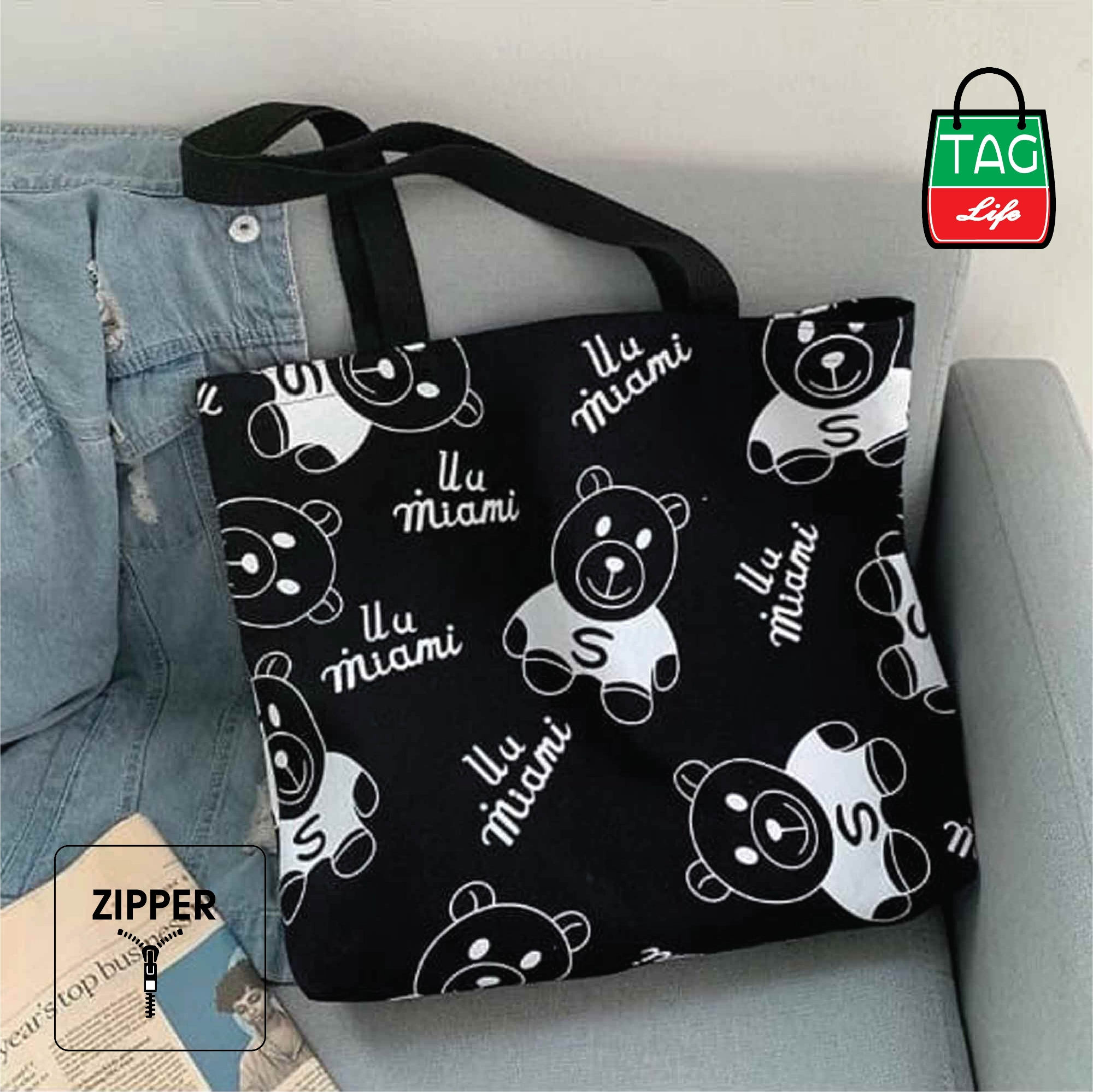 Picture of TAG Lifestyle Canvas Tote Bag/Fashionable Top Handle Bag  Panda Design Off White Color with Zipper for girls For University/College/Trendy Fashionable Women