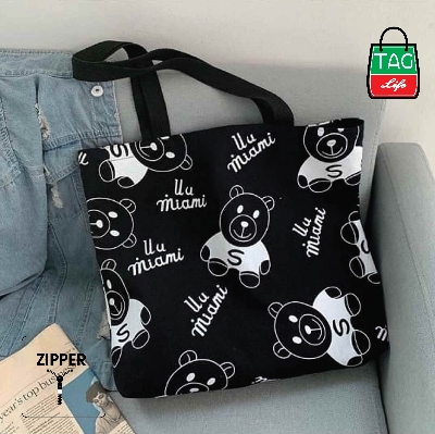 Picture of TAG Lifestyle Canvas Tote Bag/Fashionable Top Handle Bag  Panda Design Off White Color with Zipper for girls For University/College/Trendy Fashionable Women