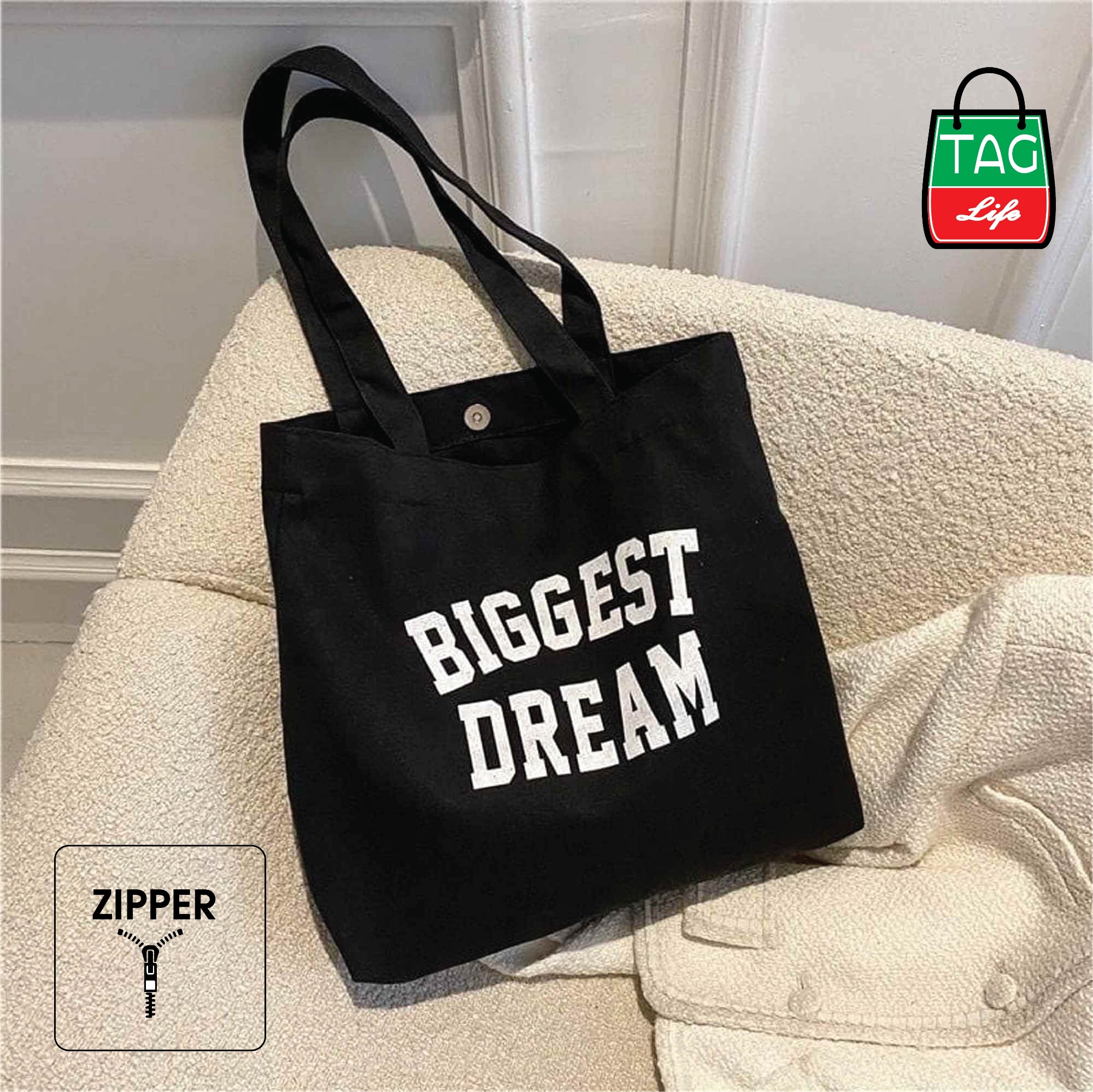 Picture of TAG Lifestyle Canvas Tote Bag/Exclusive BIGGEST DREAM Design Black Color for girls For University/College/Trendy Fashionable Women