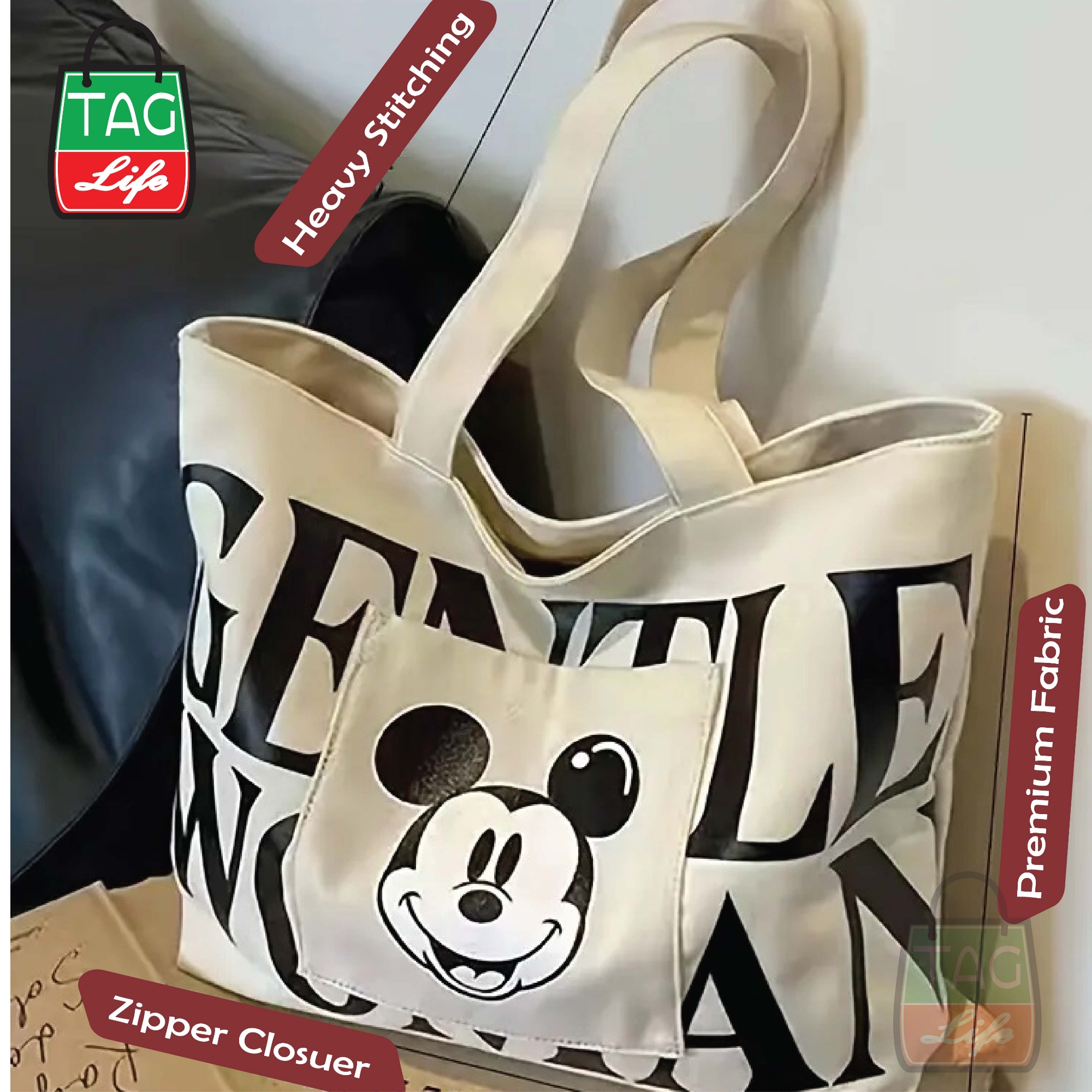 Picture of TAG Lifestyle Canvas Tote Bag GENTLE WOMAN Design With Outside Pocket Off White Color Tote Bag for girls For University/College/Trendy Fashionable Women