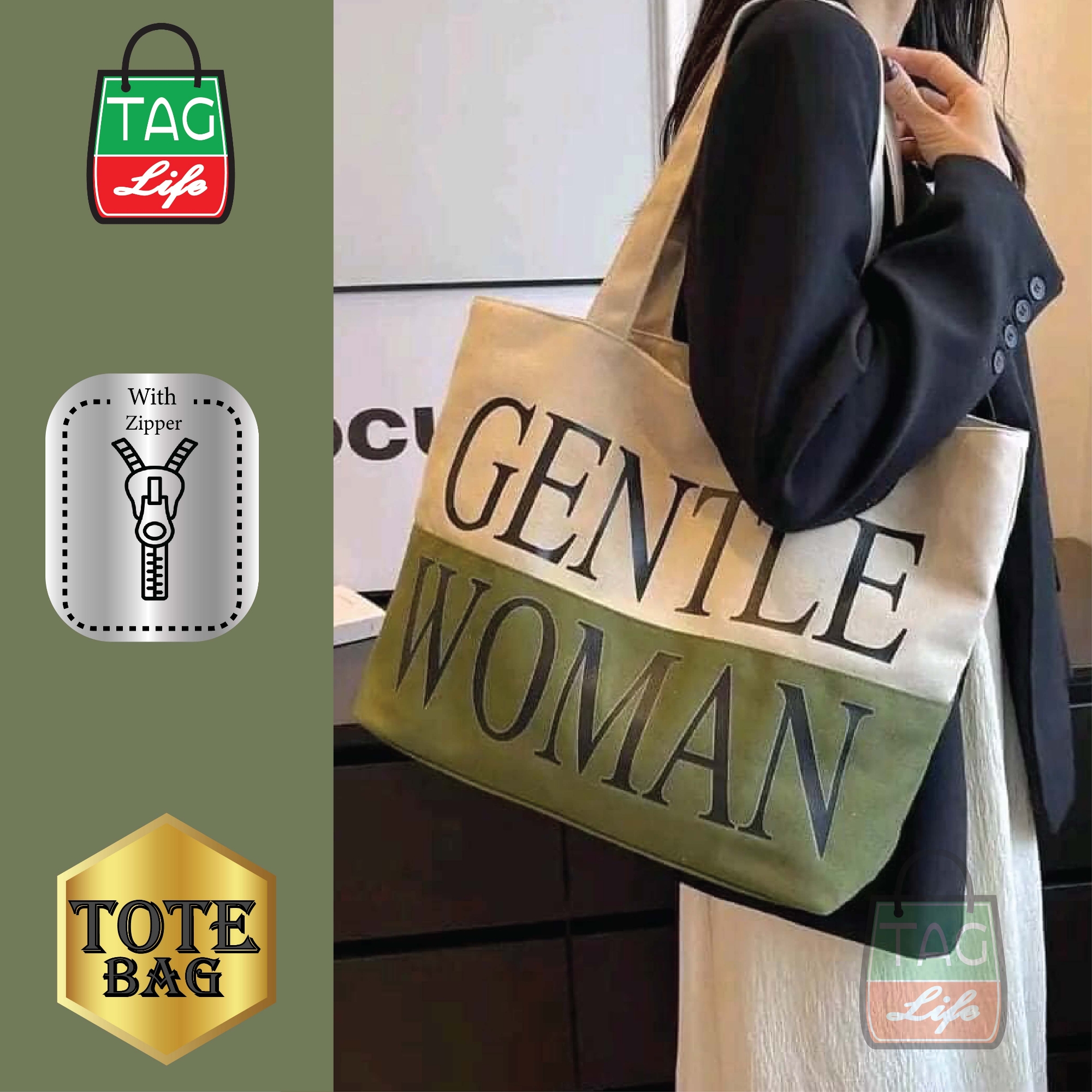 Picture of TAG Lifestyle Canvas Tote Bag GENTLE WOMAN Design Top Handle Olive Green Color Tote Bag for girls For University/College/Trendy Fashionable Women