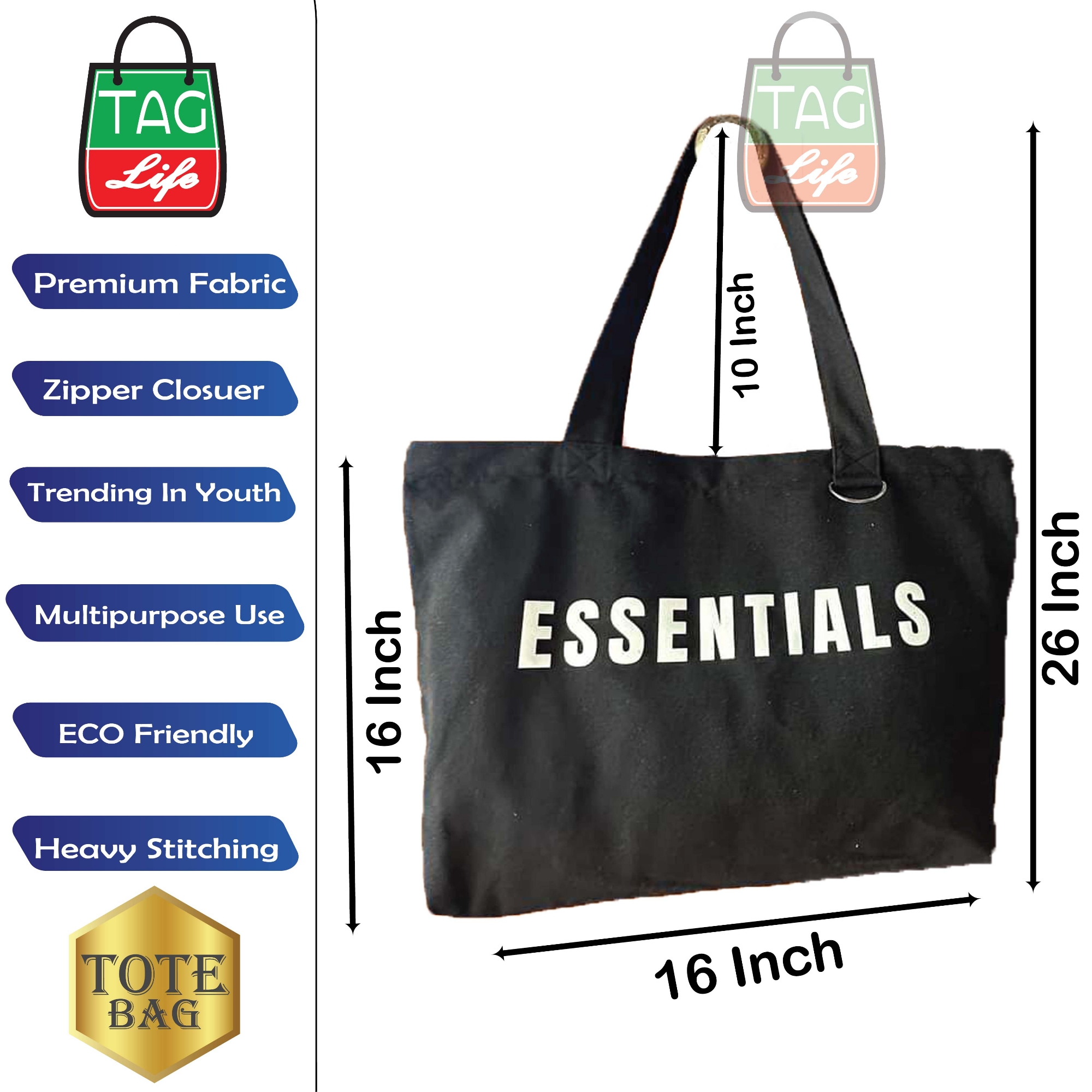 Picture of TAG Lifestyle Canvas Tote Bag ESSENTIALS Design Top Handle Black Color Tote Bag for girls For University/College/Trendy Fashionable Women
