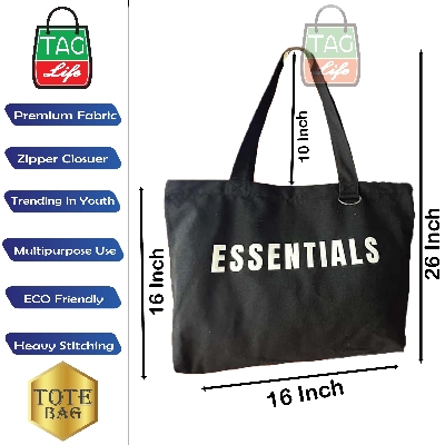 Picture of TAG Lifestyle Canvas Tote Bag ESSENTIALS Design Top Handle Black Color Tote Bag for girls For University/College/Trendy Fashionable Women