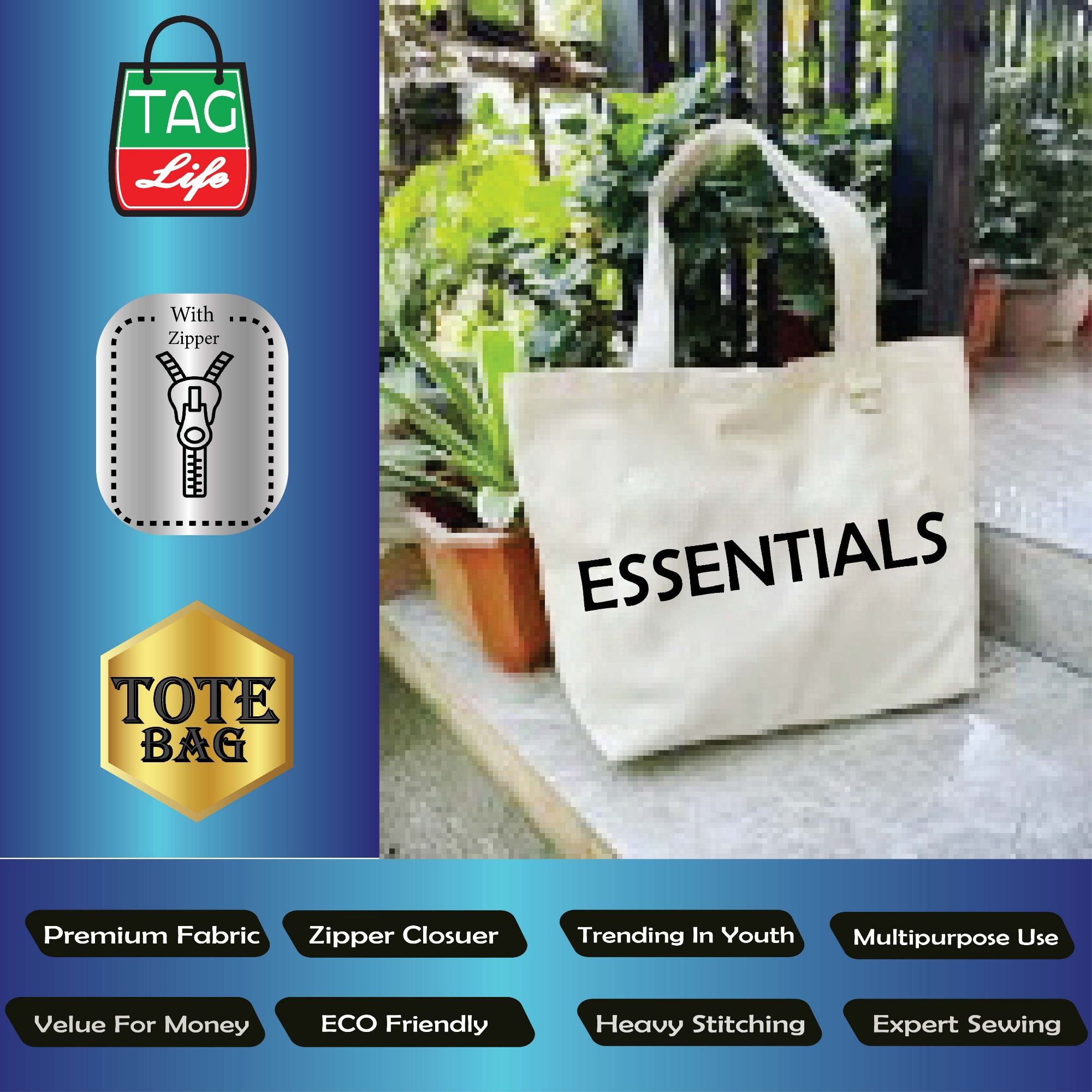 Picture of TAG Lifestyle Canvas Tote Bag ESSENTIALS Design Top Handle Off White Color Tote Bag for girls For University/College/Trendy Fashionable Women