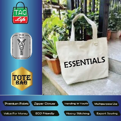 Picture of TAG Lifestyle Canvas Tote Bag ESSENTIALS Design Top Handle Off White Color Tote Bag for girls For University/College/Trendy Fashionable Women