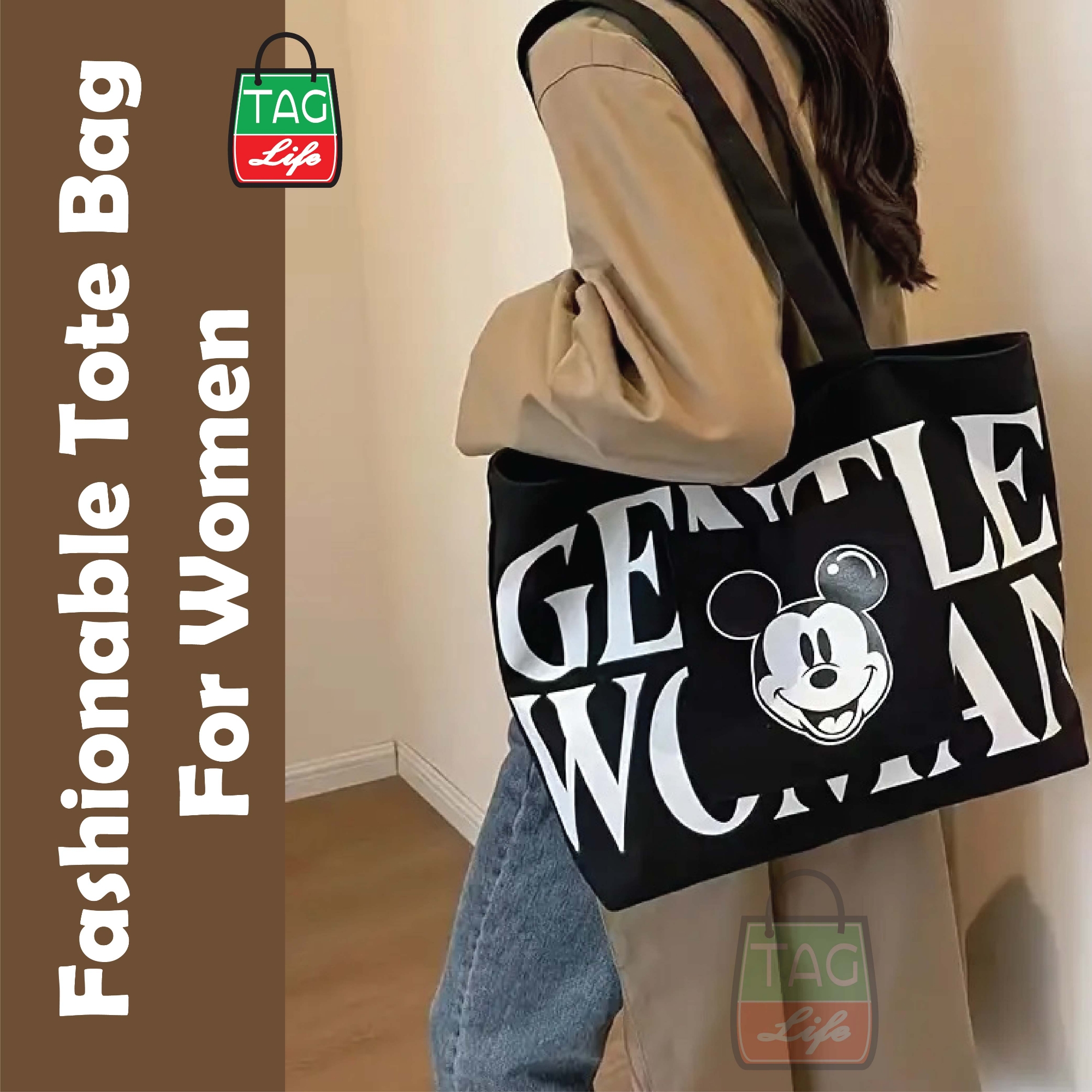Picture of TAG Lifestyle Canvas Tote Bag GENTLE WOMAN Design With Outside Pocket Black Color Tote Bag for girls For University/College/Trendy Fashionable Women