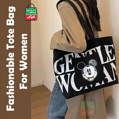 Picture of TAG Lifestyle Canvas Tote Bag GENTLE WOMAN Design With Outside Pocket Black Color Tote Bag for girls For University/College/Trendy Fashionable Women