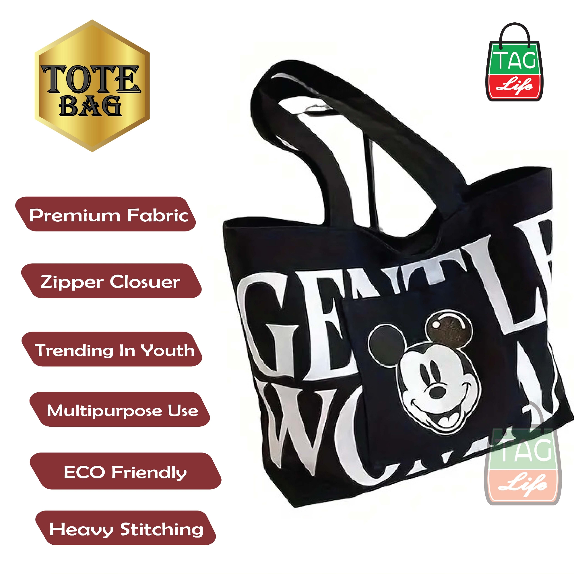 Picture of TAG Lifestyle Canvas Tote Bag GENTLE WOMAN Design With Outside Pocket Black Color Tote Bag for girls For University/College/Trendy Fashionable Women