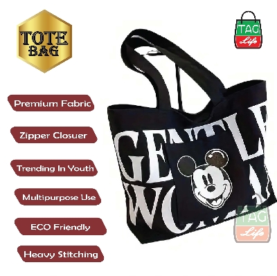 Picture of TAG Lifestyle Canvas Tote Bag GENTLE WOMAN Design With Outside Pocket Black Color Tote Bag for girls For University/College/Trendy Fashionable Women