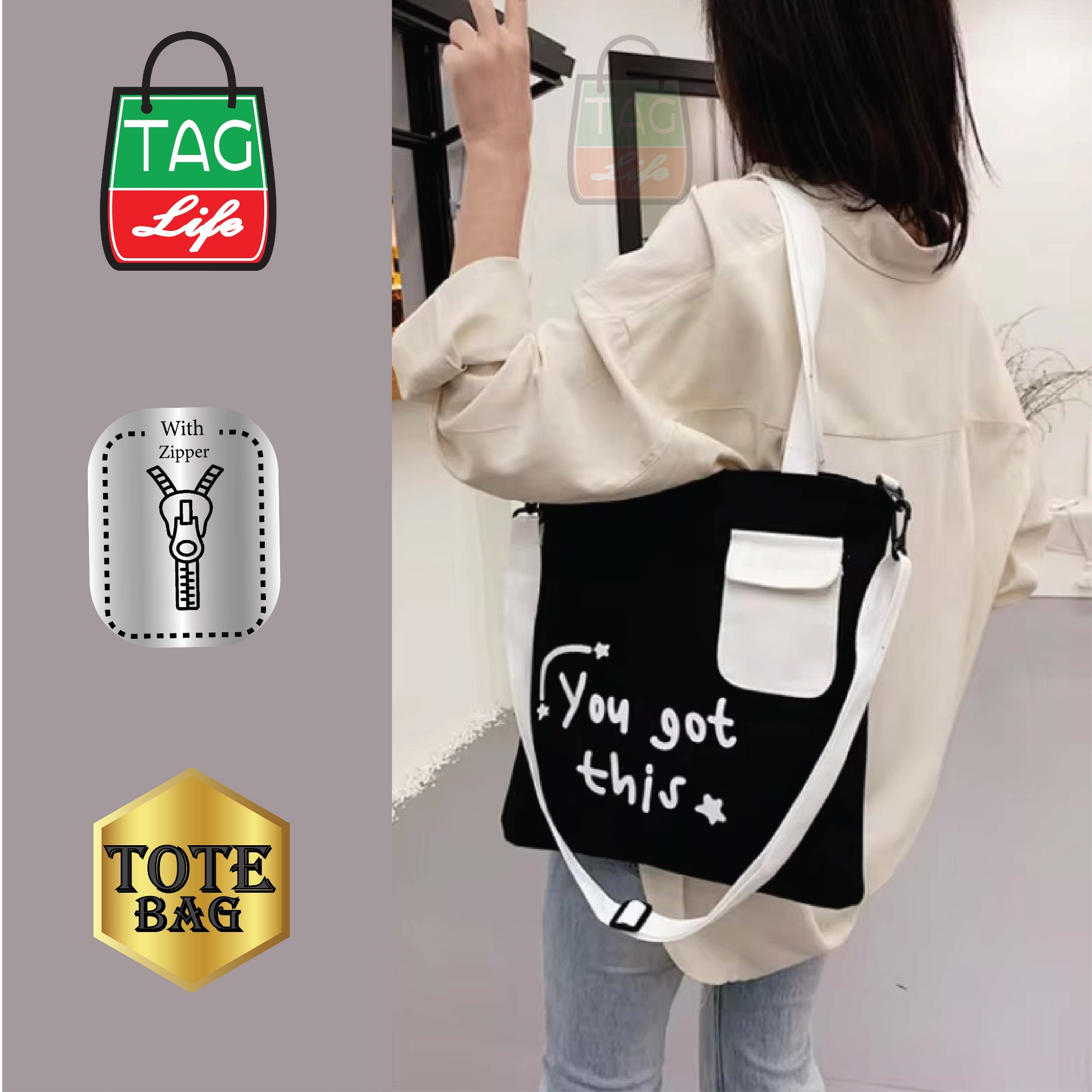 Picture of TAG Lifestyle Canvas Tote Bag YOU GOT THIS Design With Outside Pocket Black Color Tote Bag for girls For University/College/Trendy Fashionable Women
